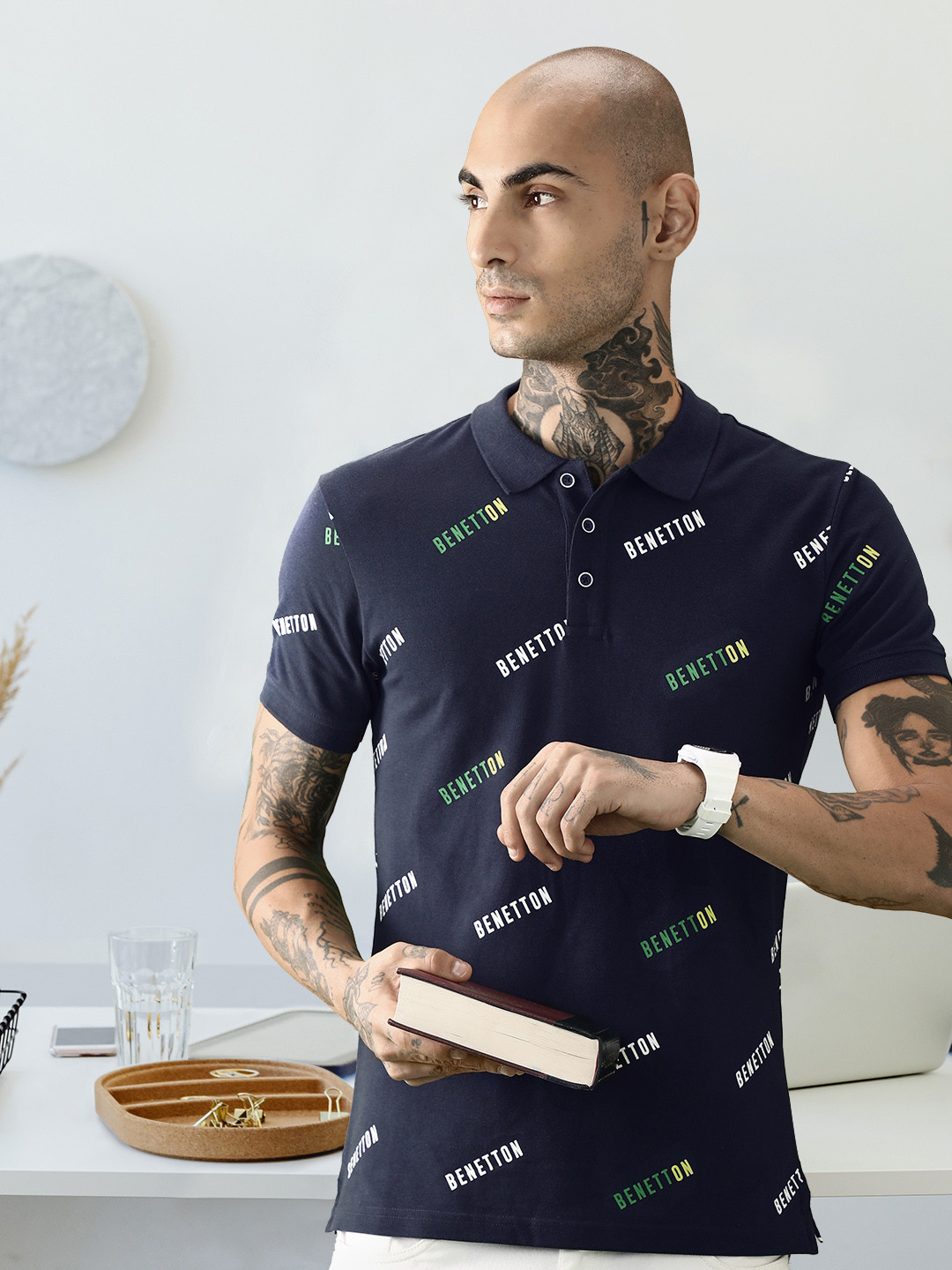 

United Colors of Benetton Men Navy Blue Typography Printed Polo Collar otton T-shirt