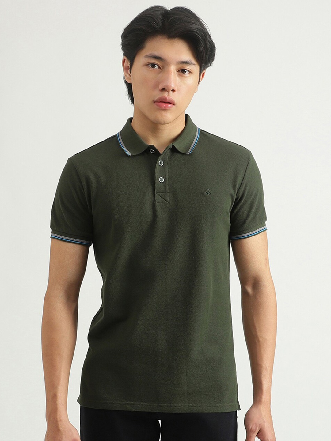 

United Colors of Benetton Men Olive Green Polo Collar Cotton T-shirt