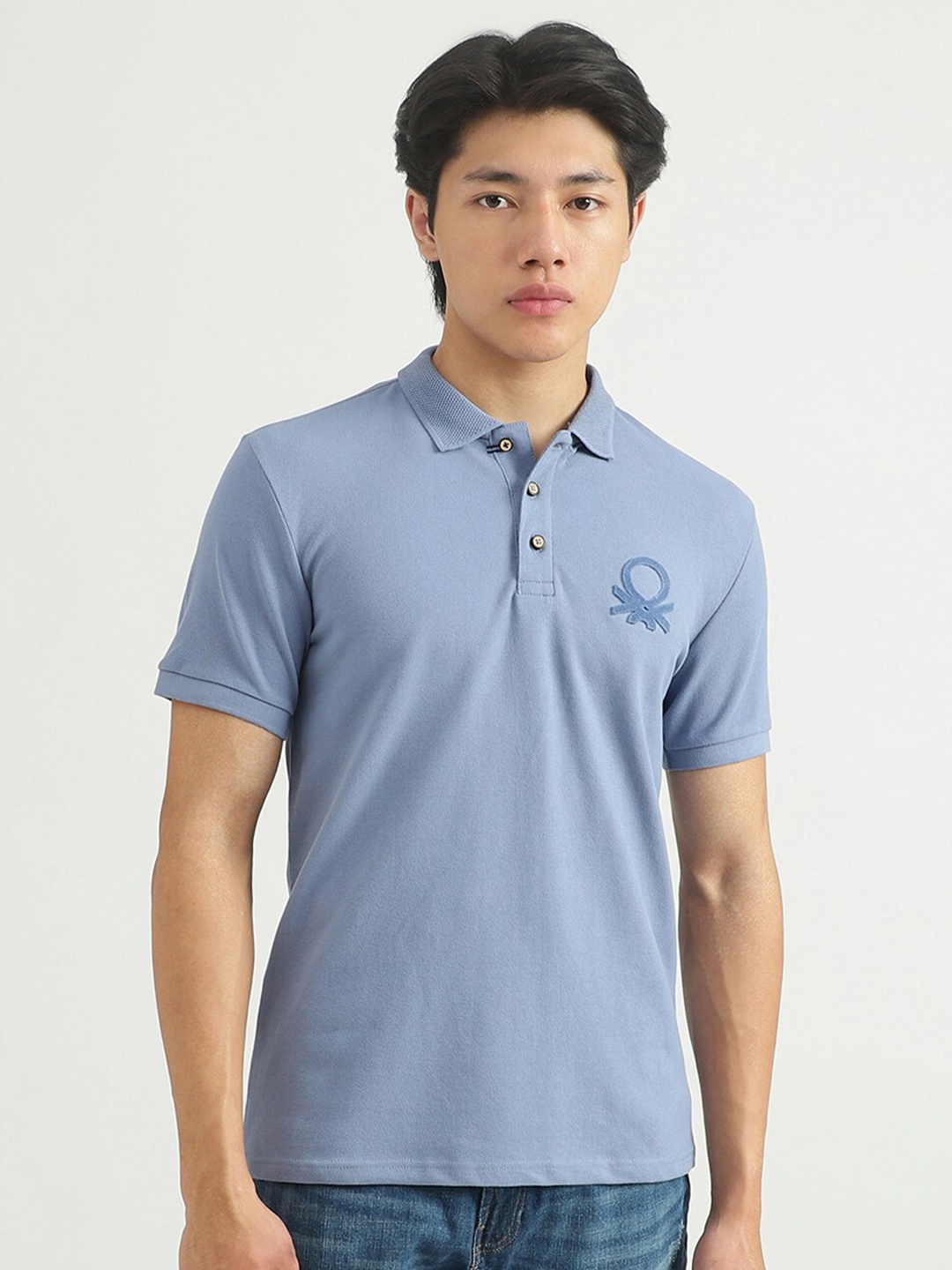 

United Colors of Benetton Men Blue Polo Collar Applique Cotton T-shirt