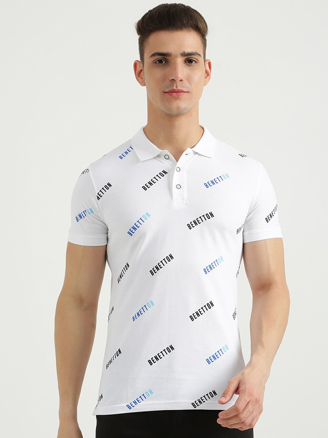 

United Colors of Benetton Men White Typography Printed Polo Collar Cotton T-shirt