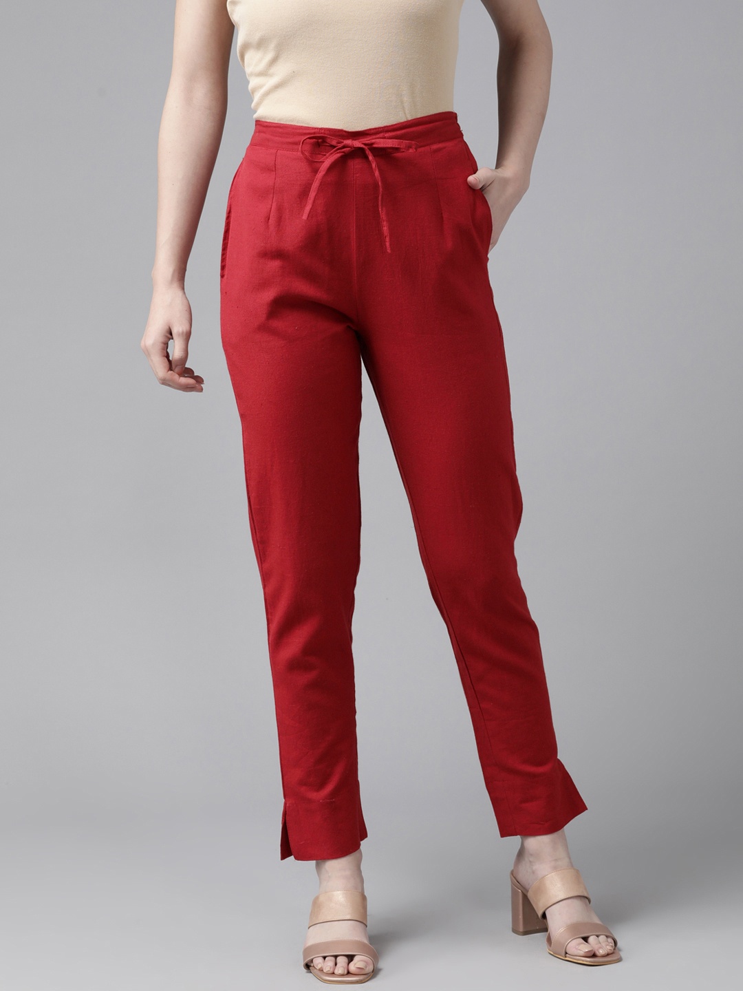 

Yufta Women Relaxed Slim Fit Pure Cotton Trousers, Maroon