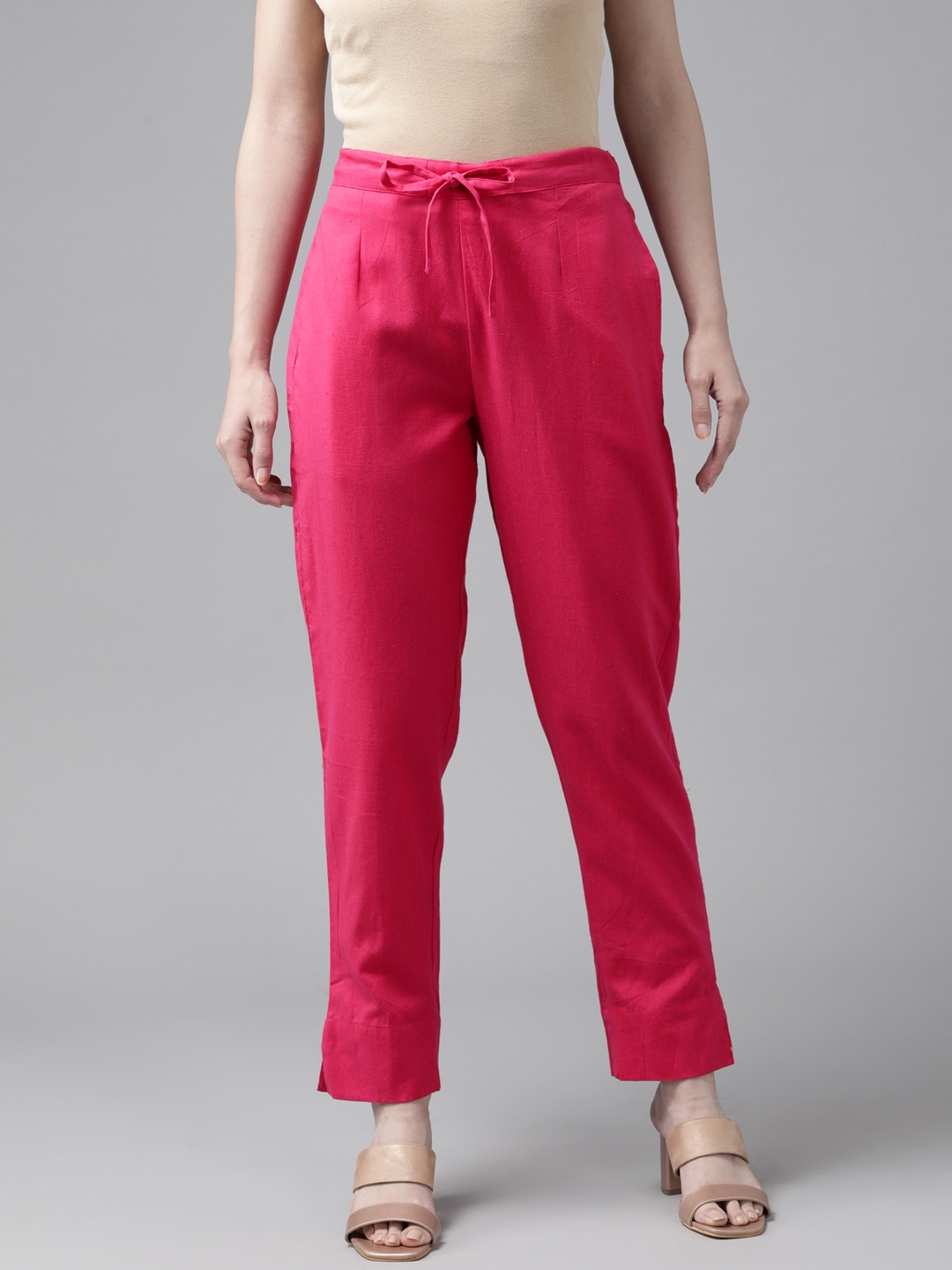 

Yufta Women Relaxed Slim Fit Pure Cotton Trousers, Pink