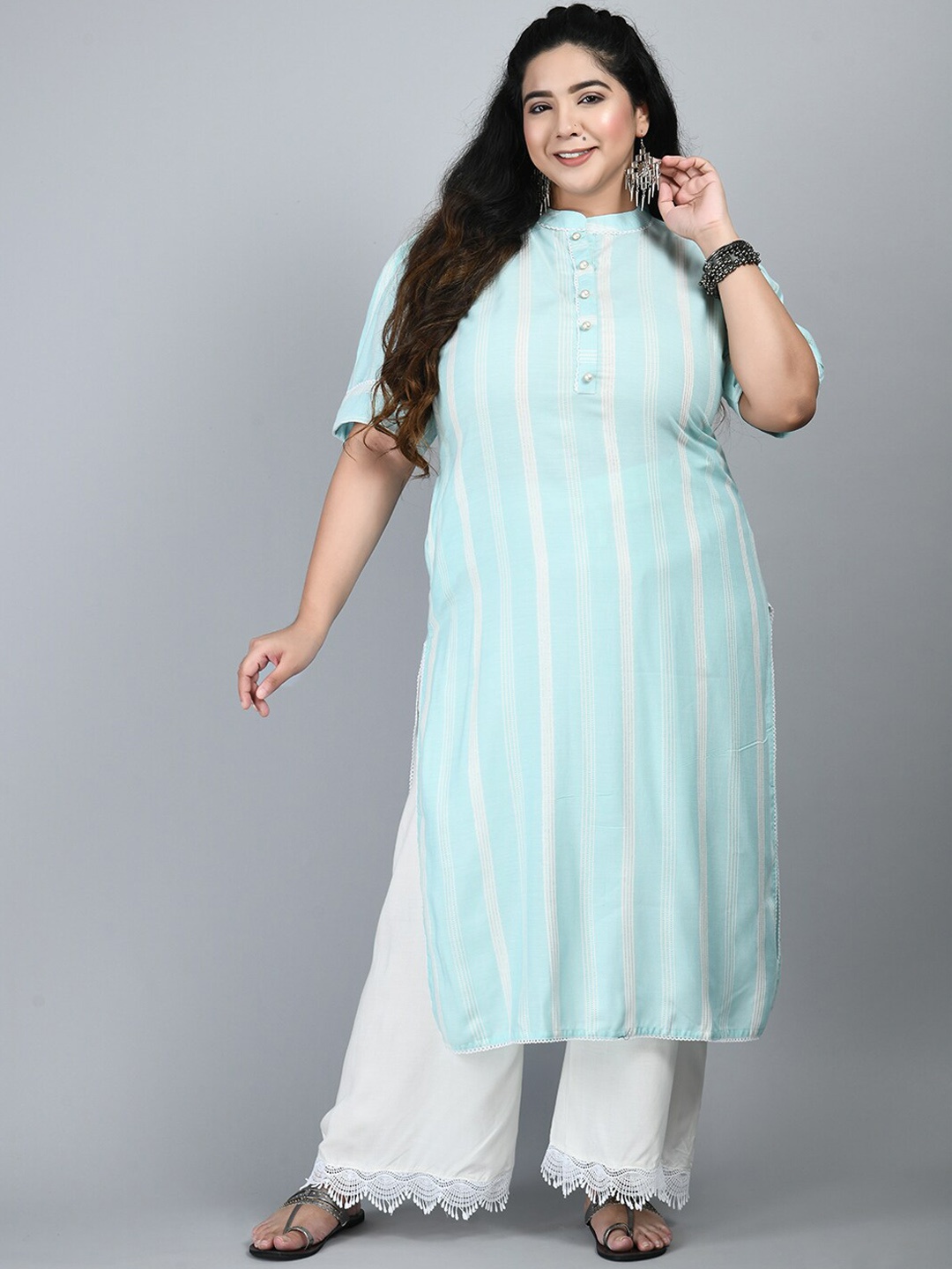 

PrettyPlus by Desinoor com Women Sea Green Checked Gotta Patti Pathani Kurta