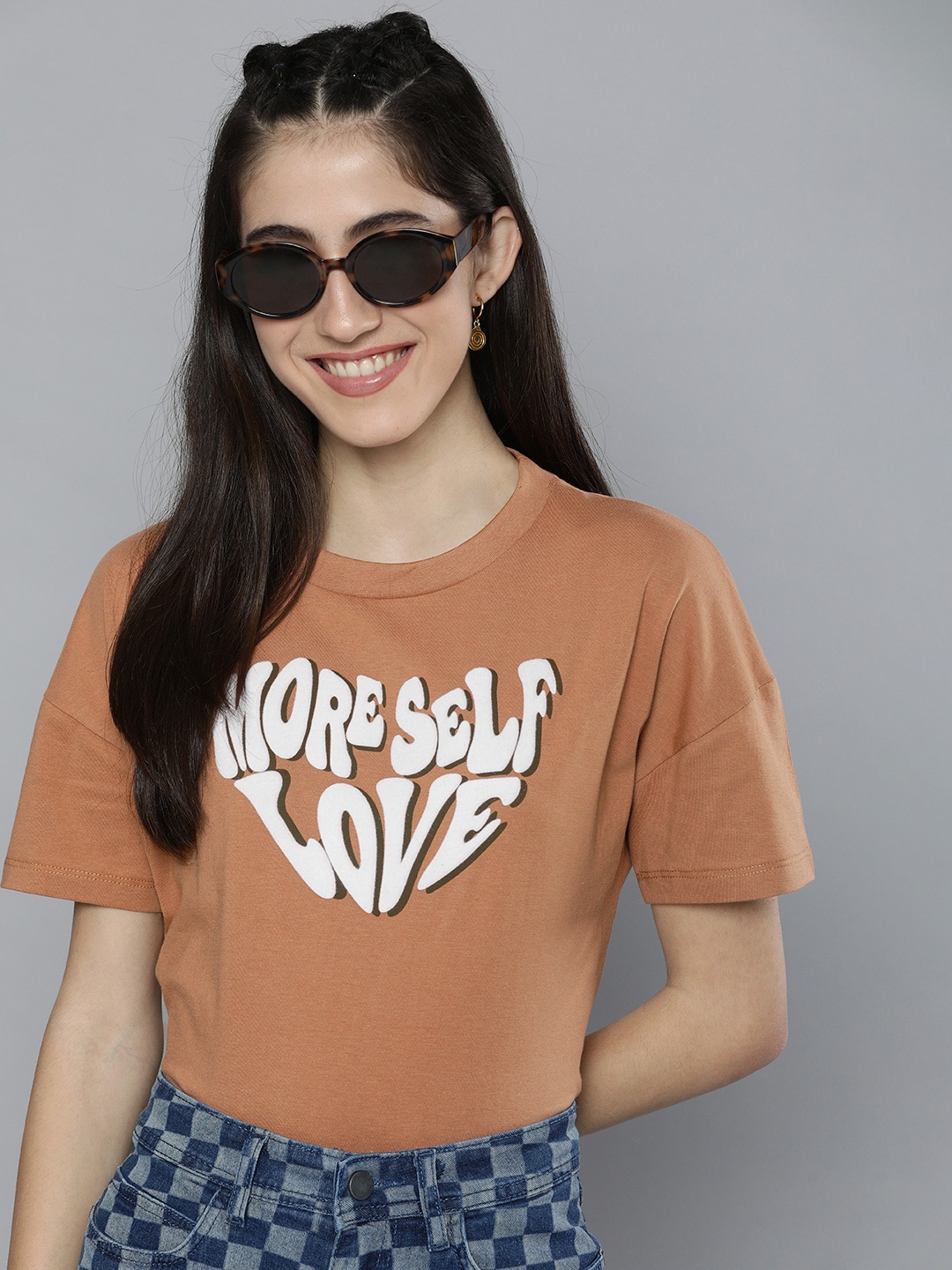 

HERE&NOW Women Brown Typography Printed Drop-Shoulder Sleeves T-shirt