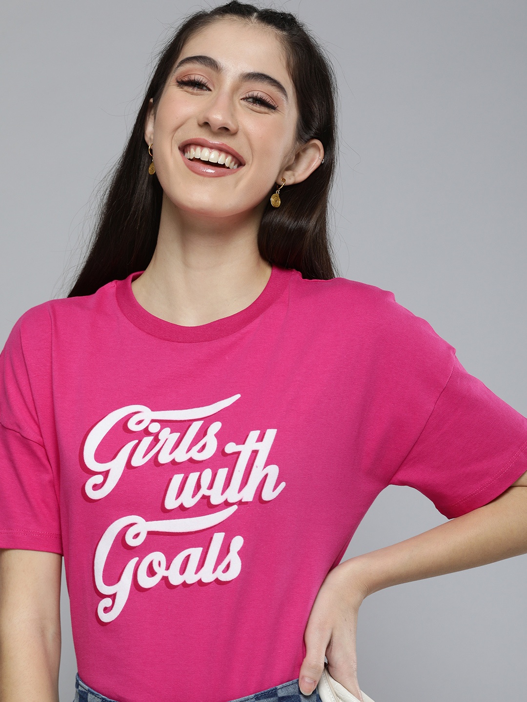 

HERE&NOW Women Pink Typography Printed Drop-Shoulder Sleeves T-shirt