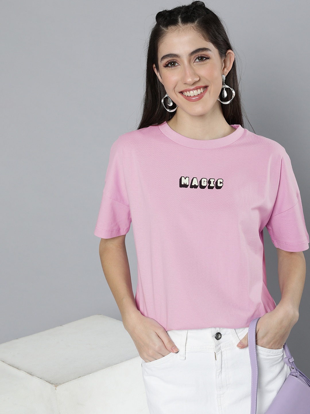 

HERE&NOW Women Pink Typography Printed Drop-Shoulder Sleeves T-shirt