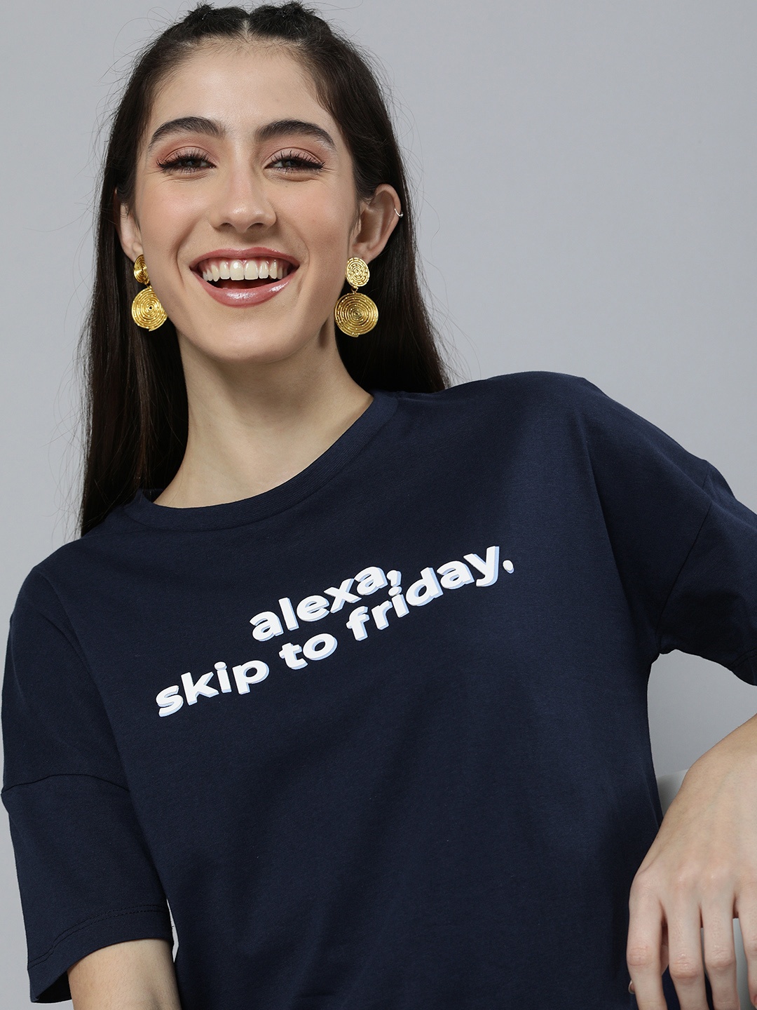 

HERE&NOW Women Navy Blue Typography Printed Drop-Shoulder Sleeves T-shirt