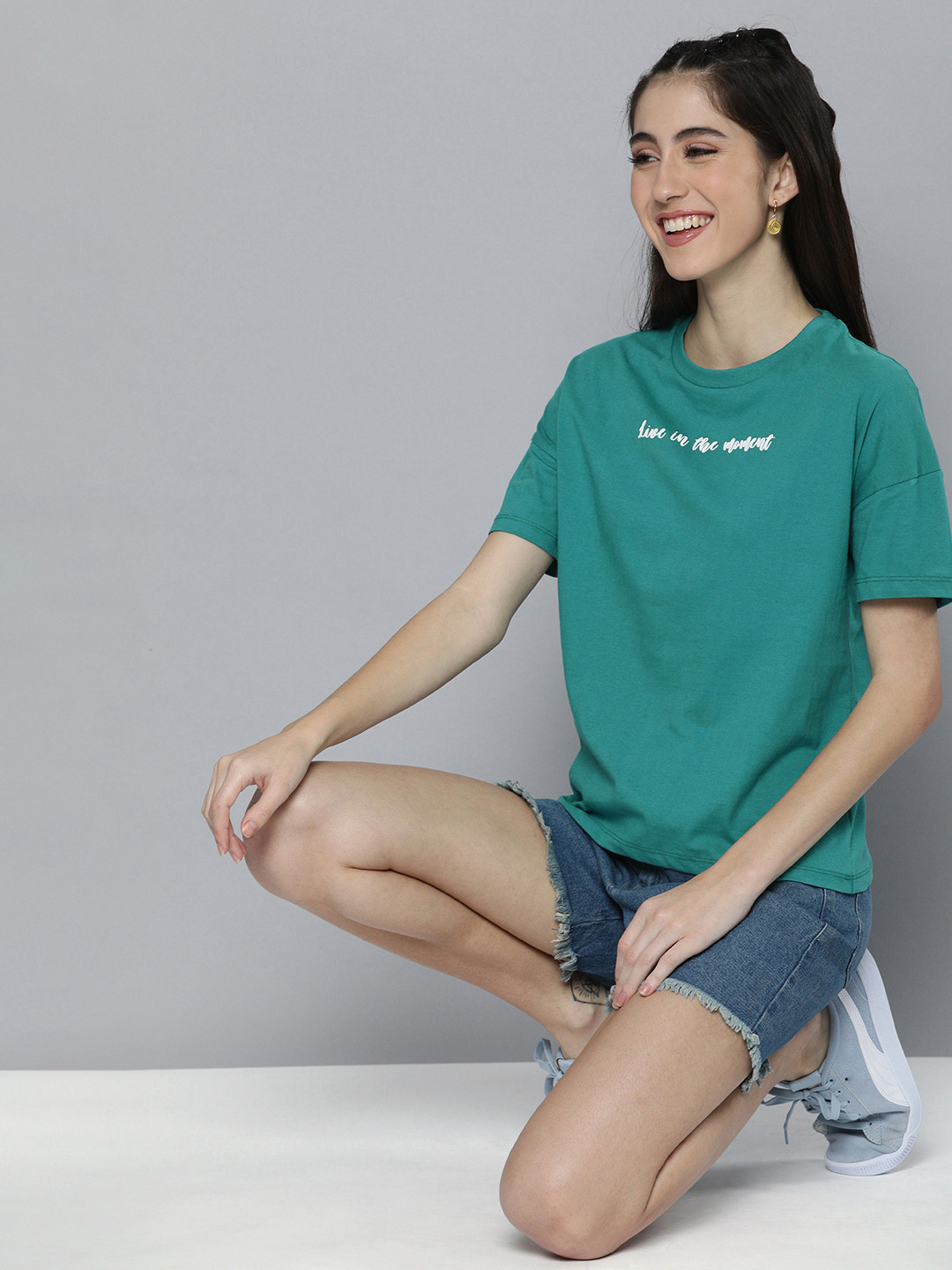 

HERE&NOW Women Green Typography Printed Drop-Shoulder Sleeves T-shirt