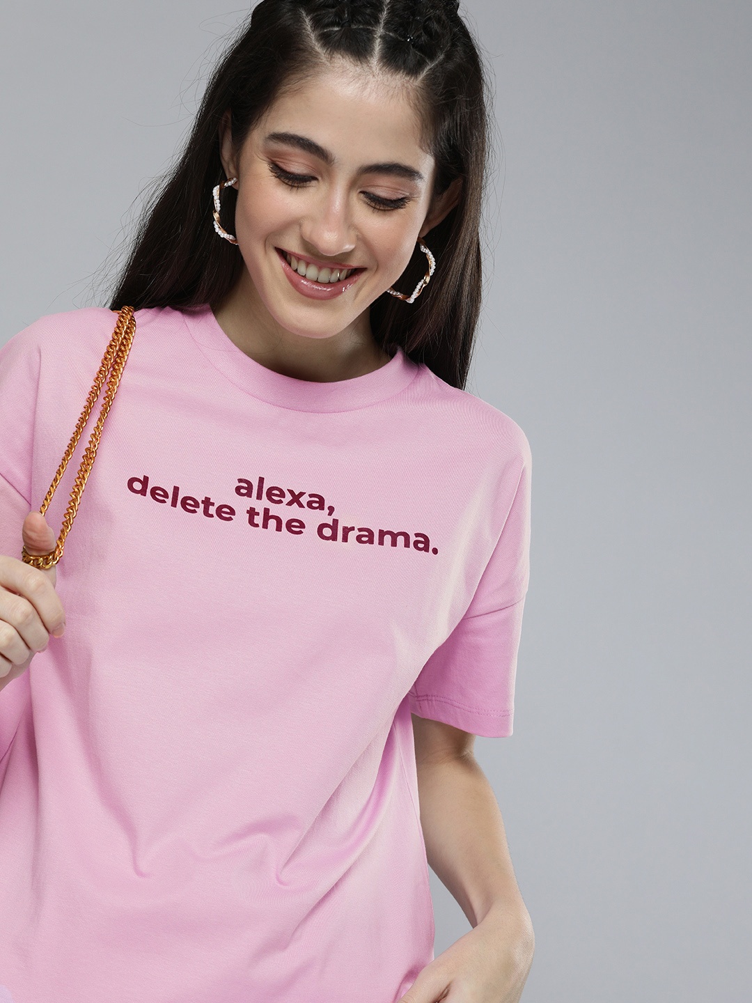 

HERE&NOW Women Pink Typography Printed Drop-Shoulder Sleeves T-shirt