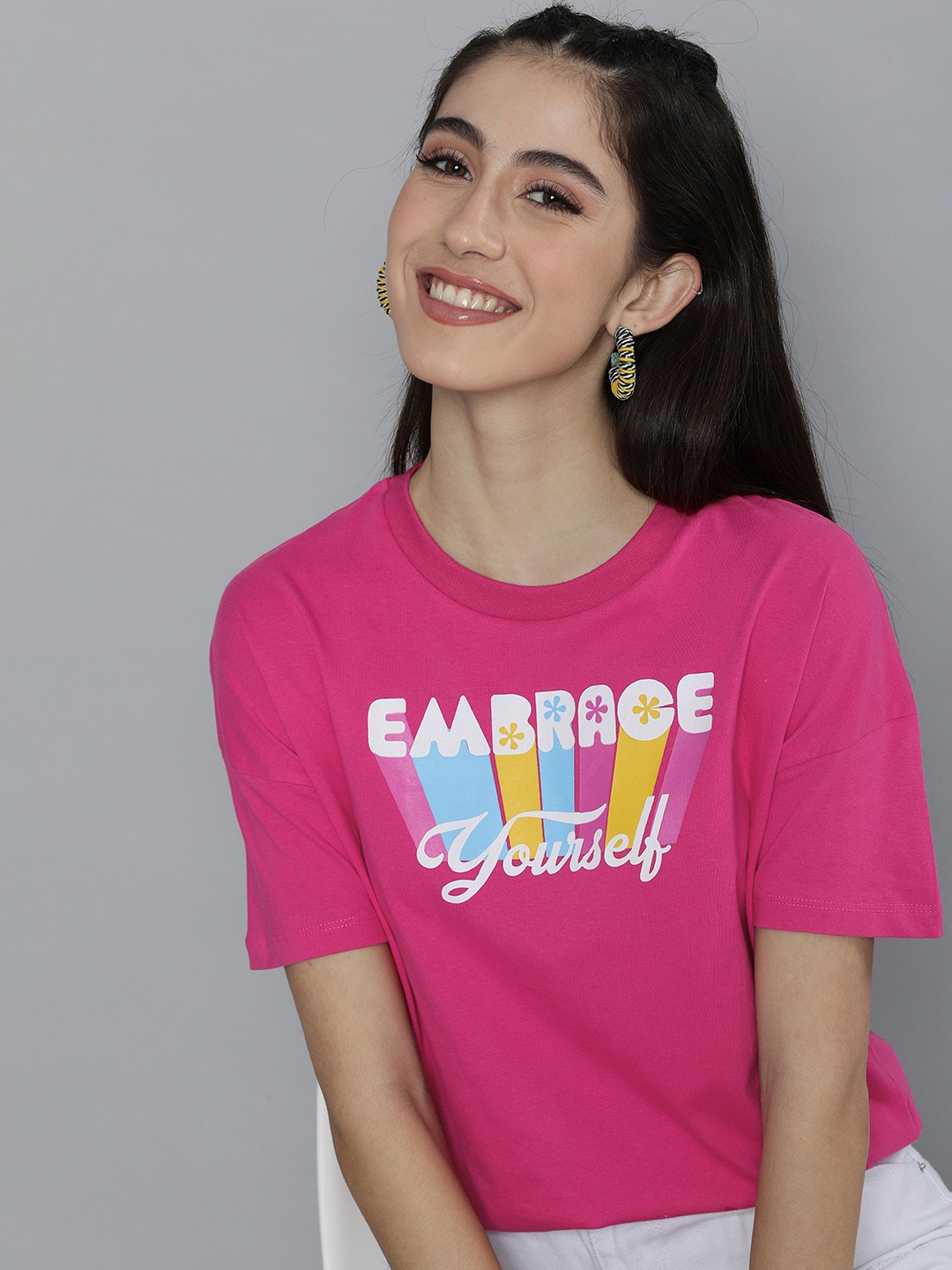 

HERE&NOW Women Pink Typography Printed Drop-Shoulder Sleeves T-shirt