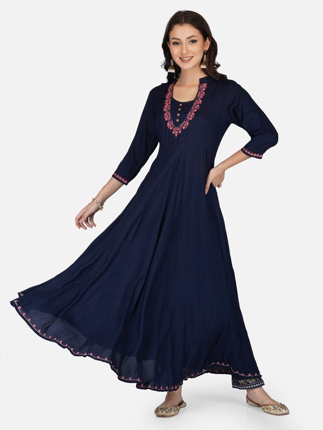 

METRO-FASHION Women Navy Blue Floral Yoke Design Anarkali Kurta