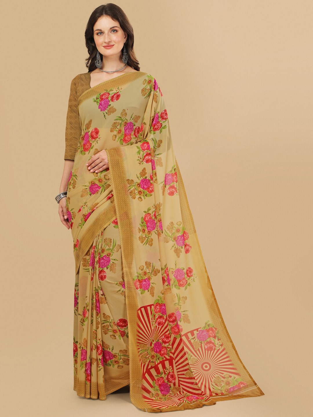 

Sangria Beige & Red Floral Zari Pure Georgette Saree
