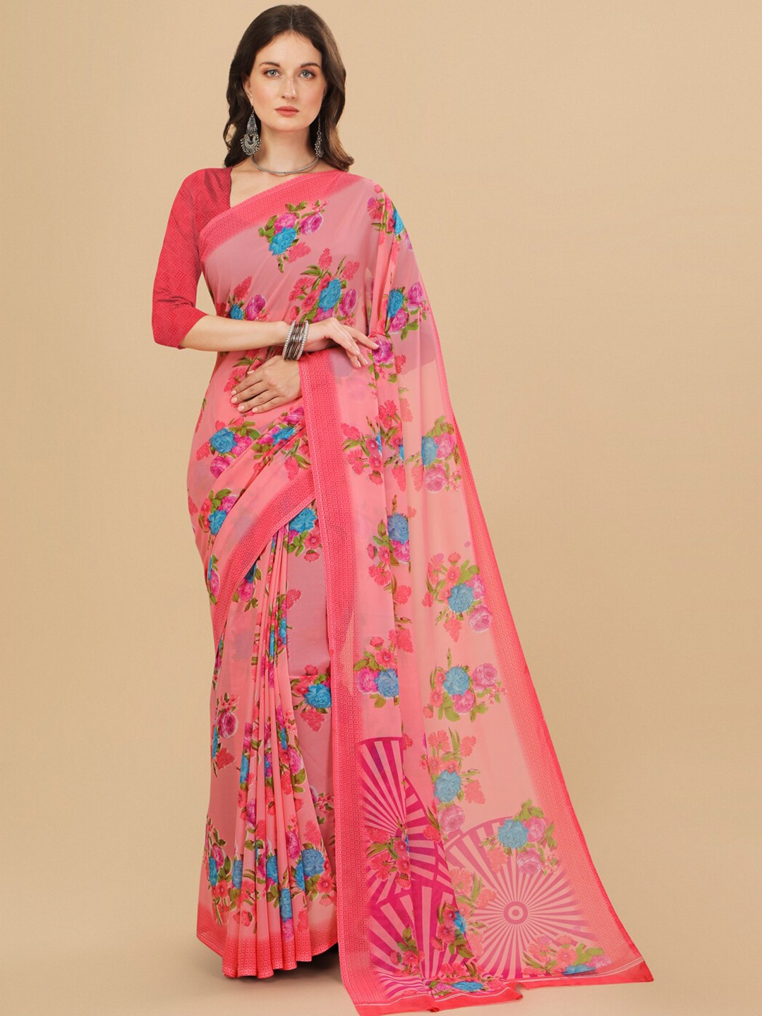 

Sangria Pink & Blue Floral Printed Pure Georgette Saree