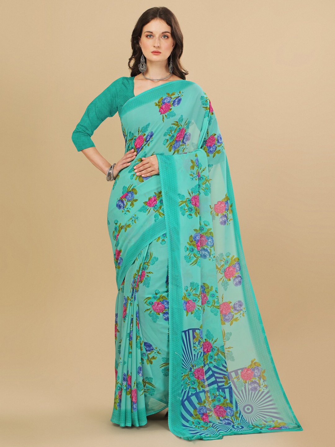Sangria Green Floral Pure Georgette Saree