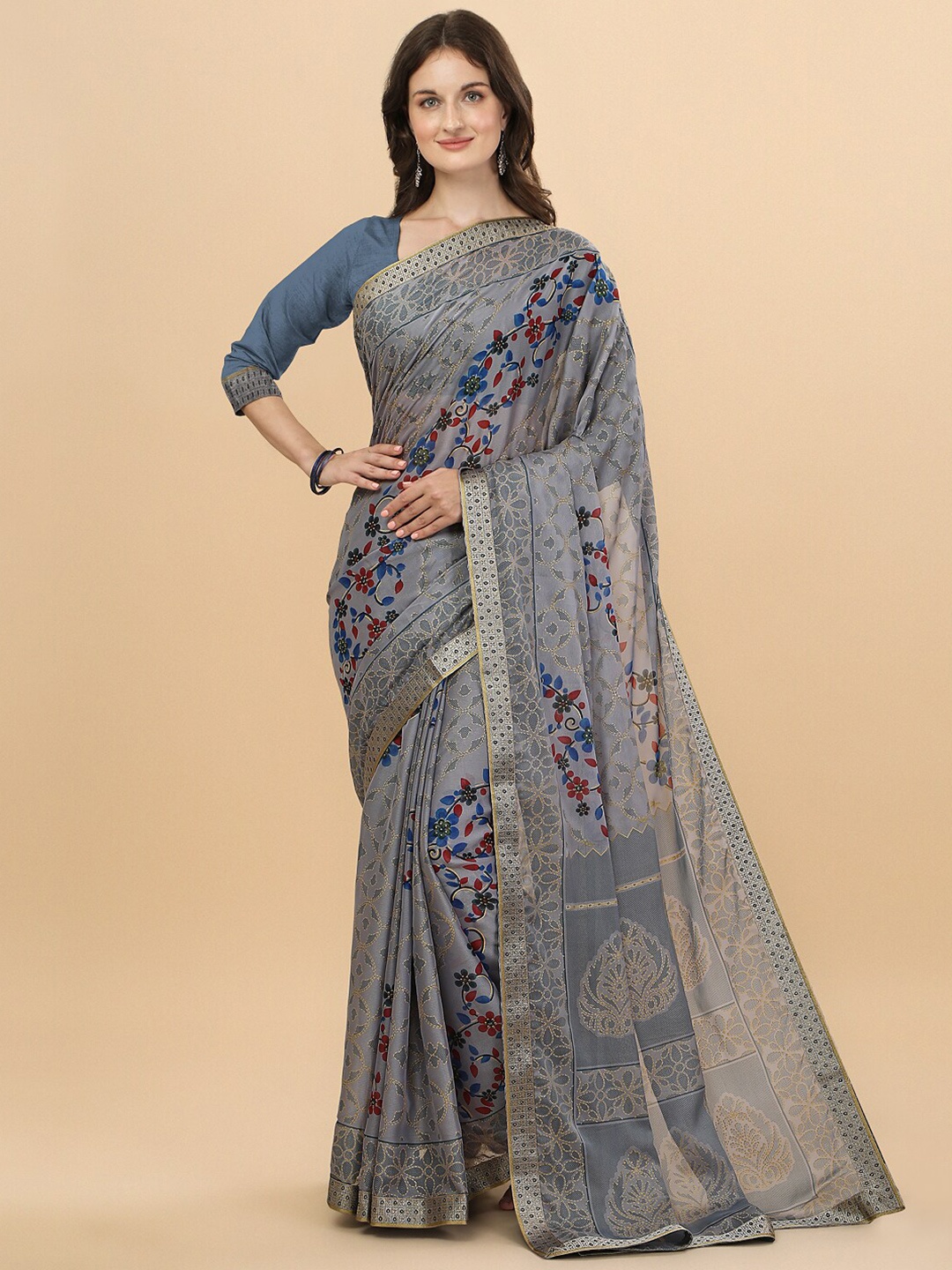 

Sangria Grey Melange & Blue Floral Embroidered Pure Chiffon Saree