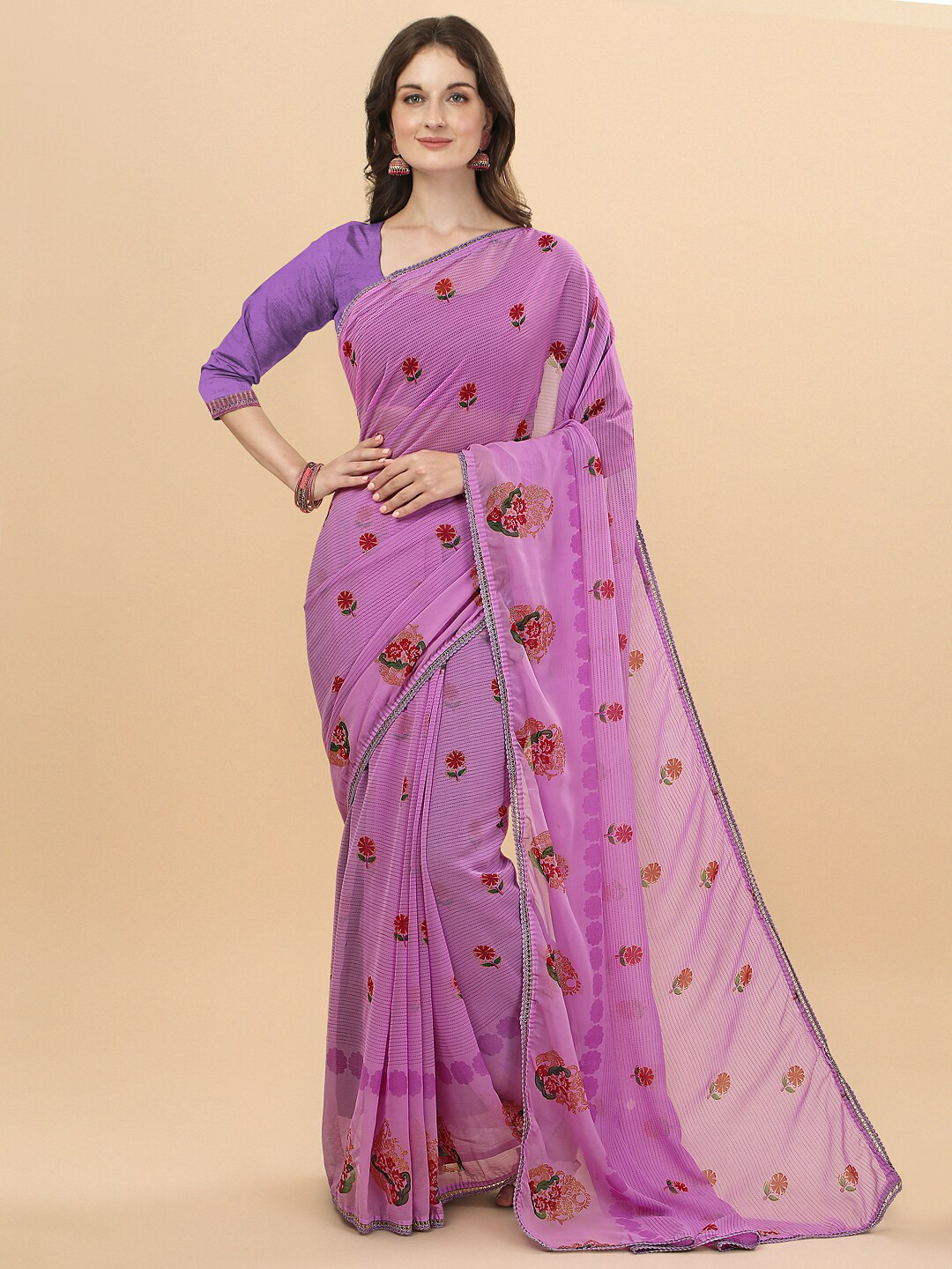 

Sangria Purple & Orange Floral Printed Chiffon Saree
