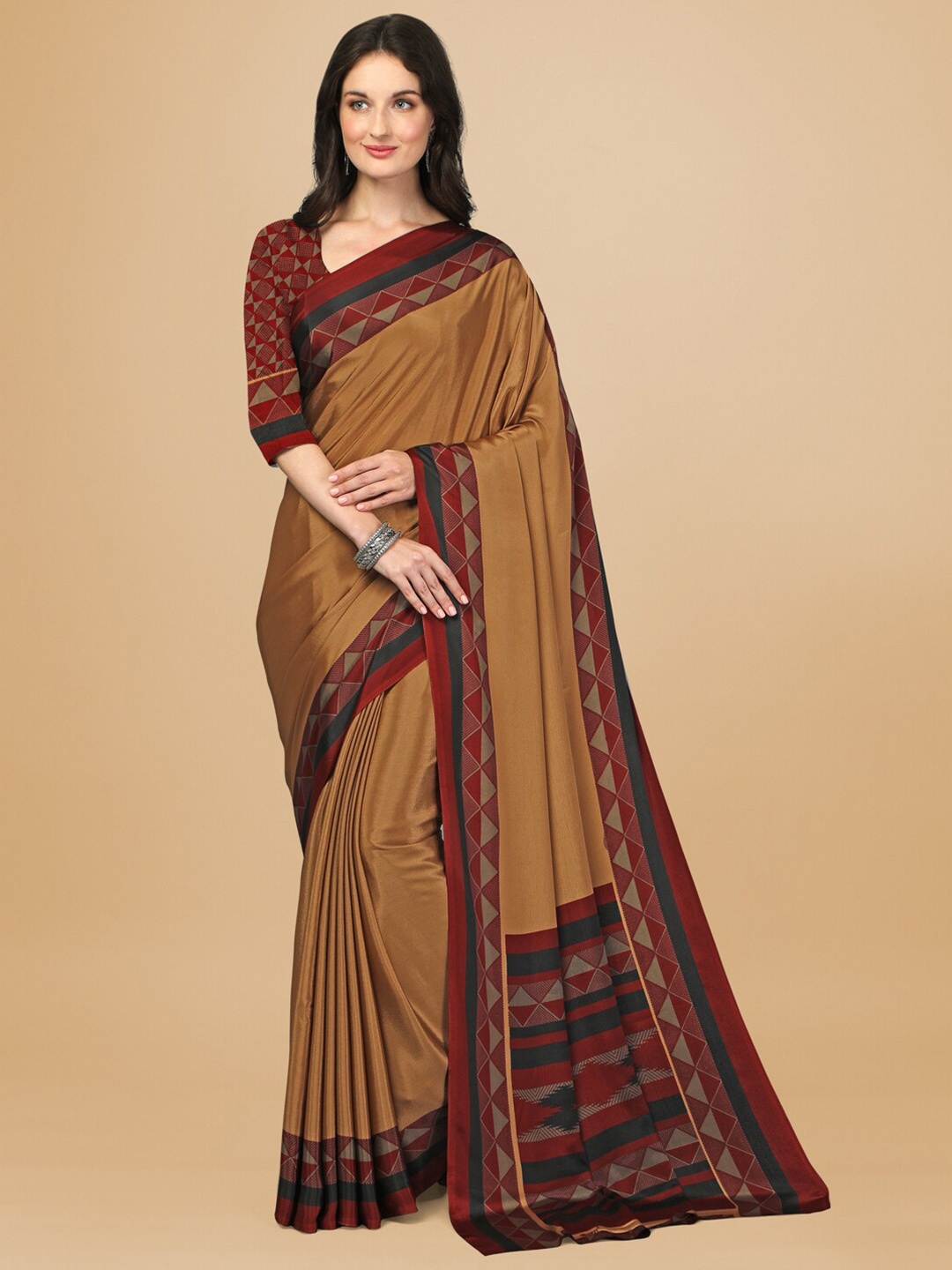 

Sangria Beige & Red Pure Crepe Saree