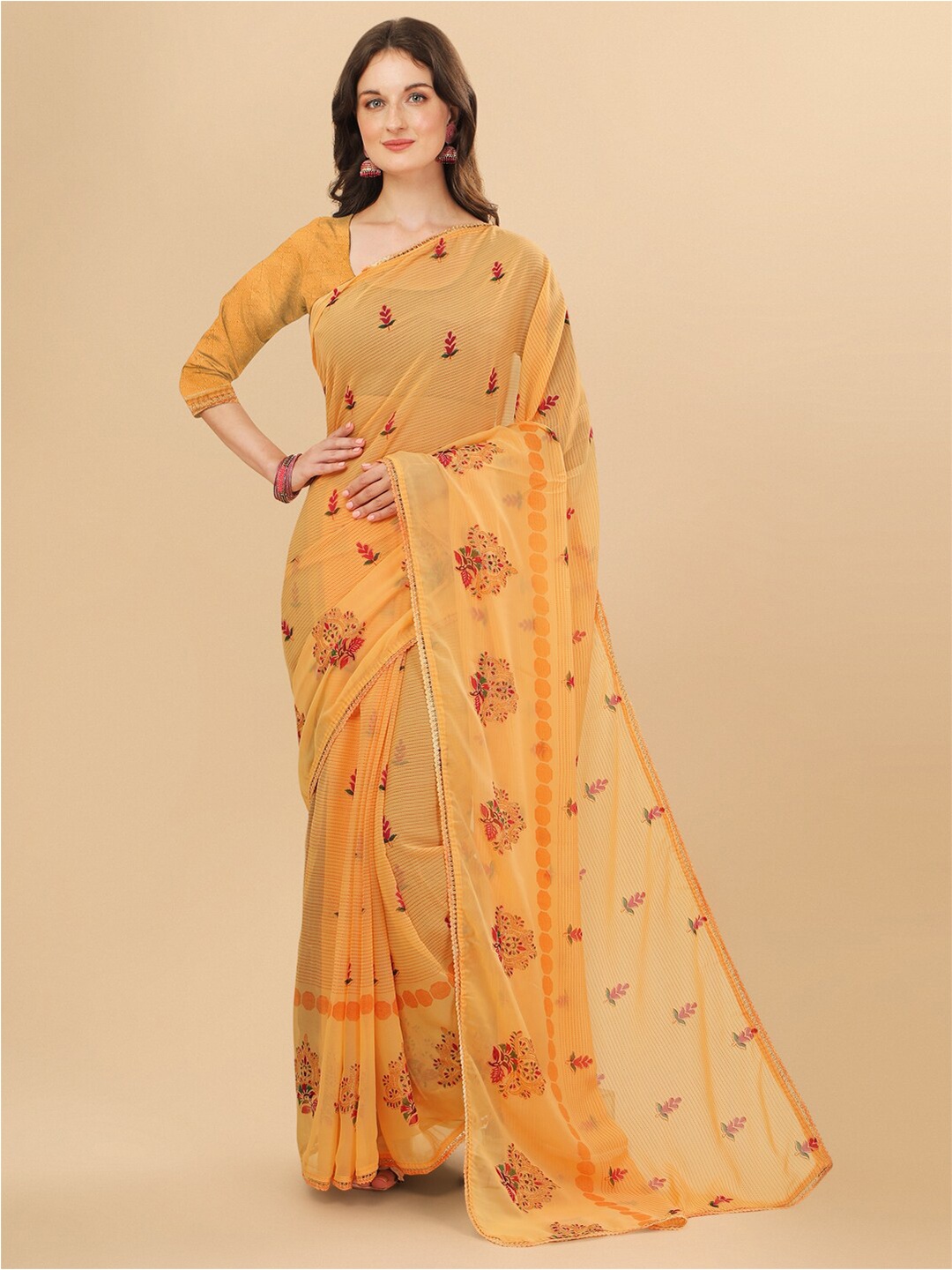 

Sangria Yellow & Red Floral Printed Chiffon Saree