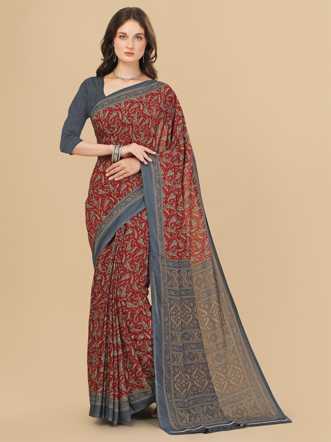 

Sangria Maroon & Grey Paisley Printed Pure Crepe Saree