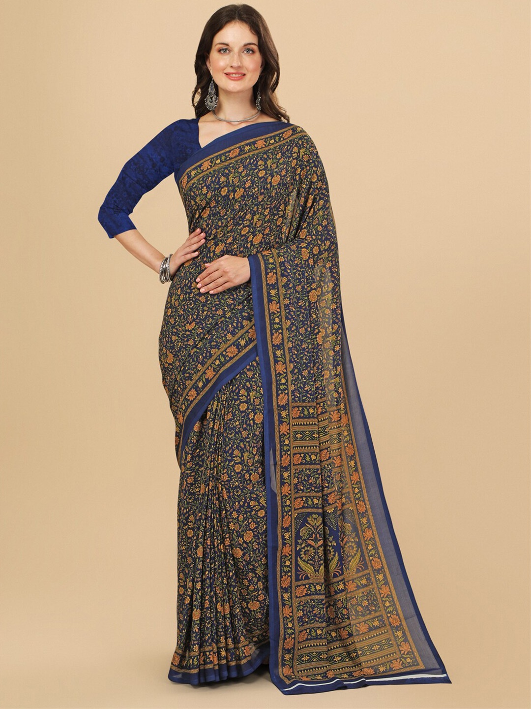

Sangria Navy Blue & Green Floral Pure Crepe Saree