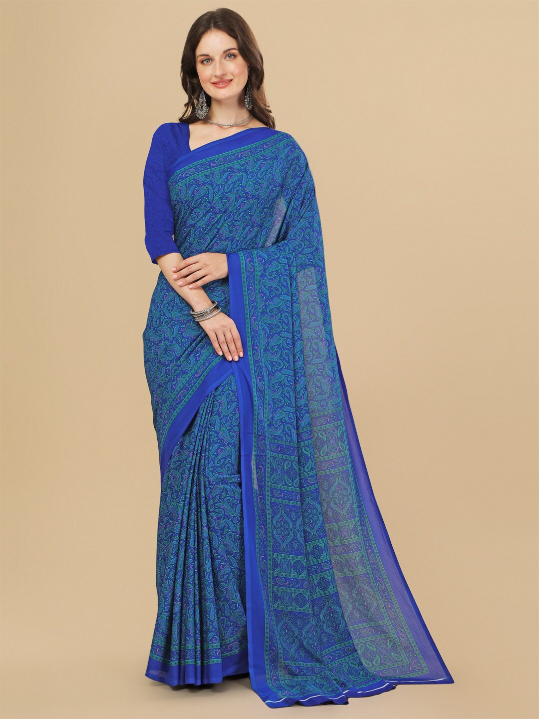 

Sangria Blue Ethnic Motifs Pure Crepe Saree