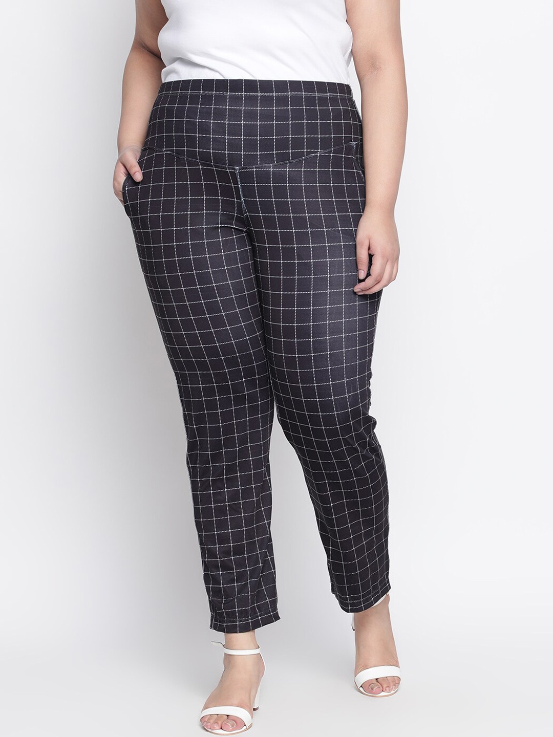 

Amydus Plus Size Black Checked Straight Fit Trousers