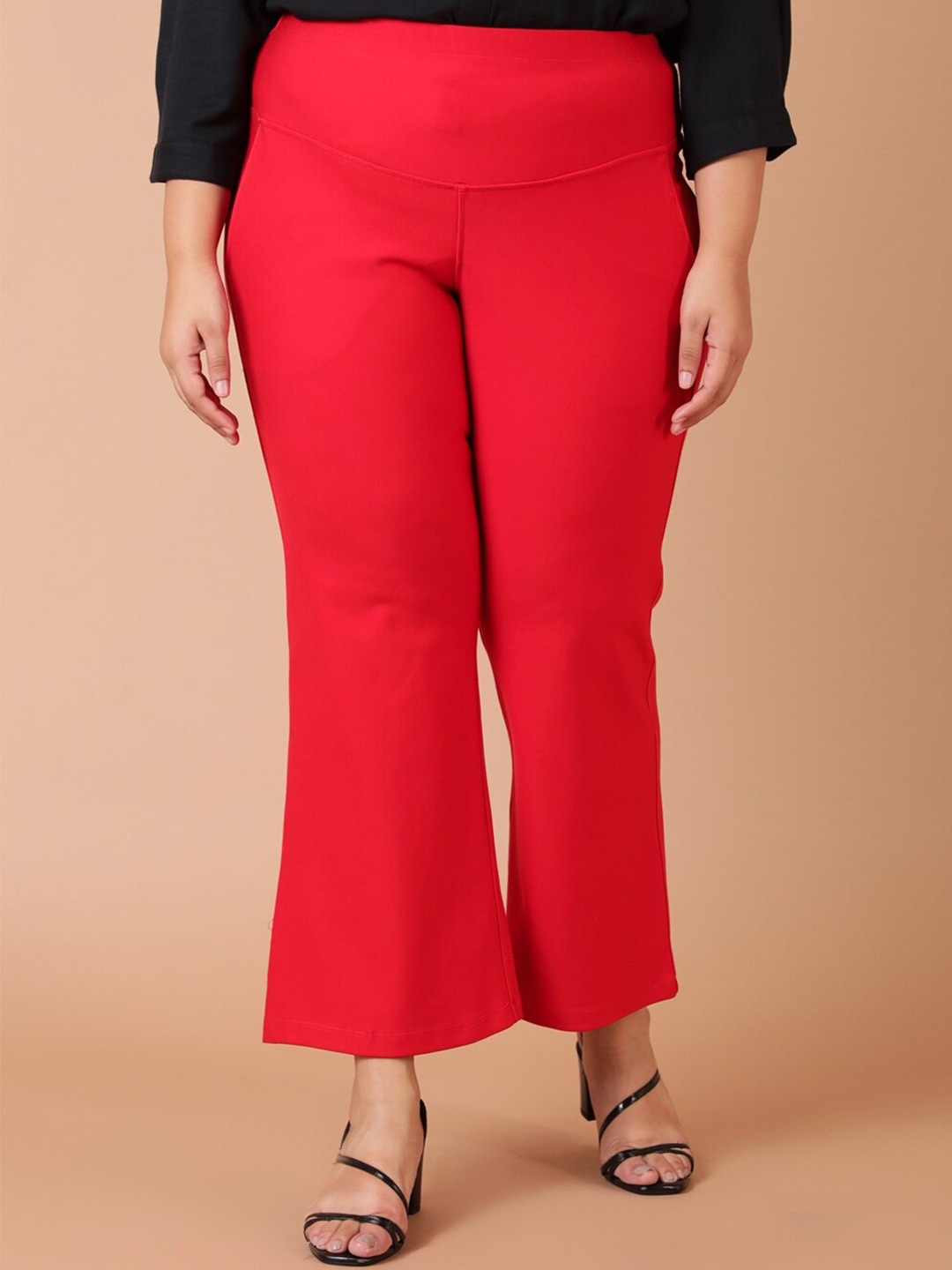 

Amydus Women Plus Size Flared High-Rise Trousers, Red