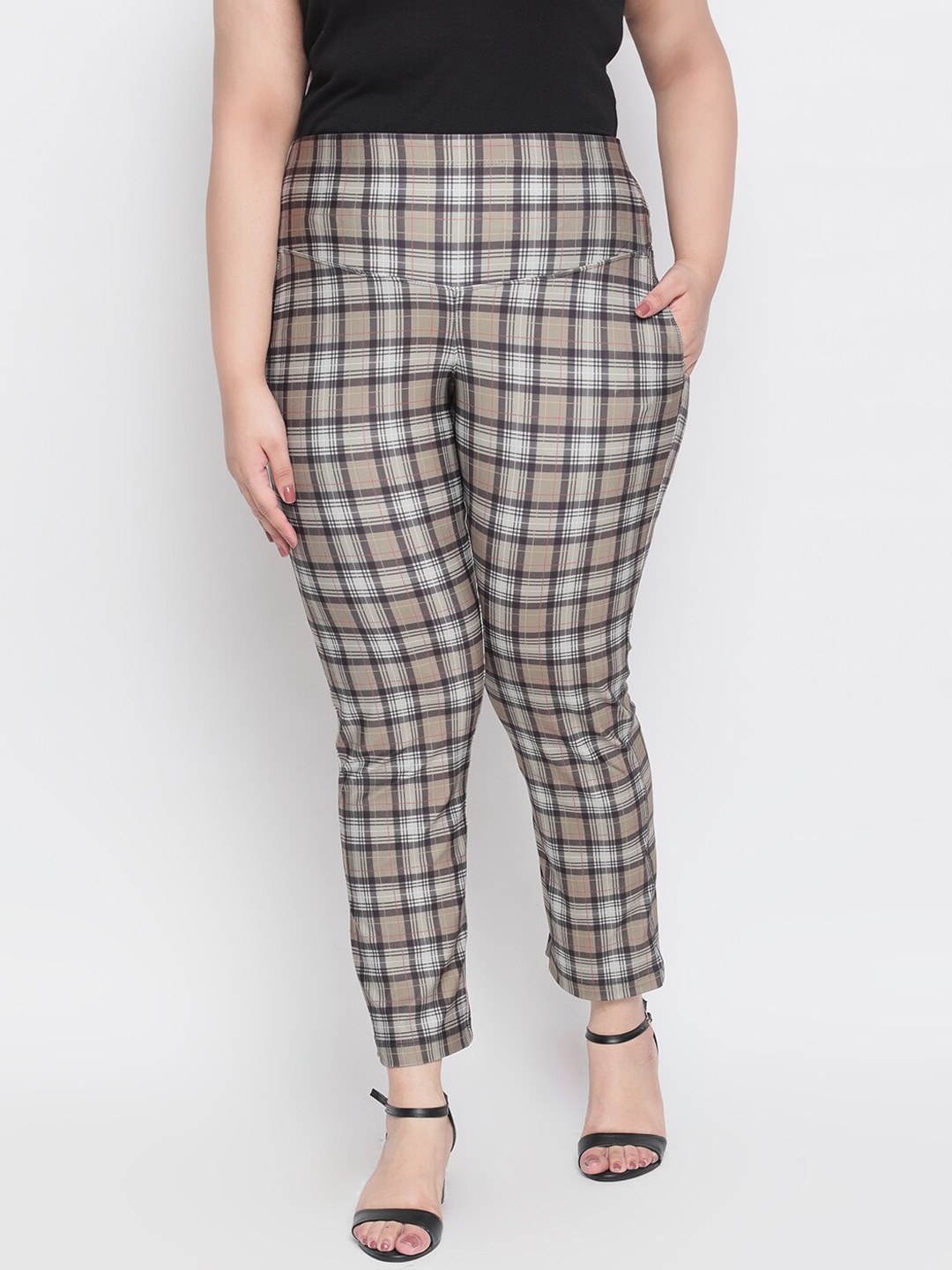 

Amydus Women Olive Green Checked Straight Fit Trousers