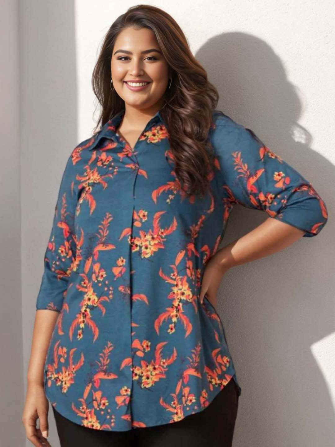 Amydus Plus Size Women Teal Blue & Orange Floral Print Shirt Style Longline Top