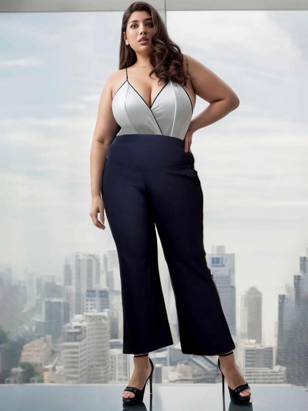 

Amydus Women Plus Size Flared Trousers, Navy blue