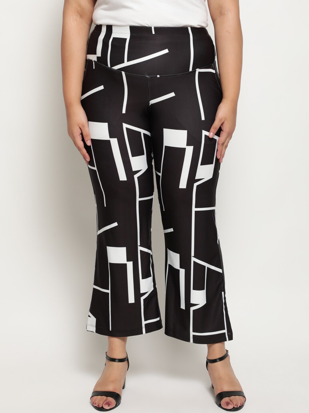 

Amydus Women Black Printed Flared High-Rise Easy Wash Trousers