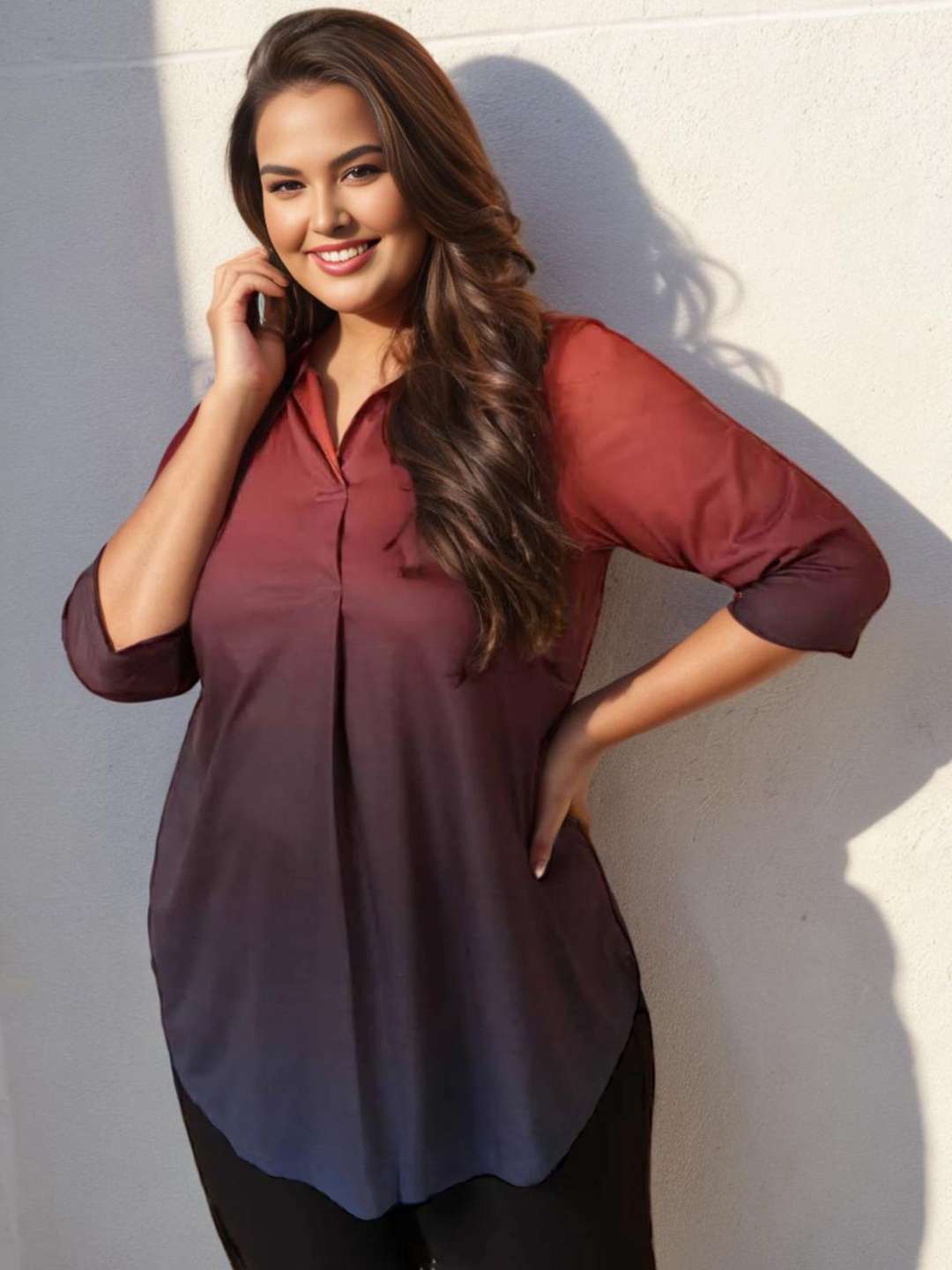 

Amydus Plus Size Women Rust & Blue Ombre Shirt Style Longline Top