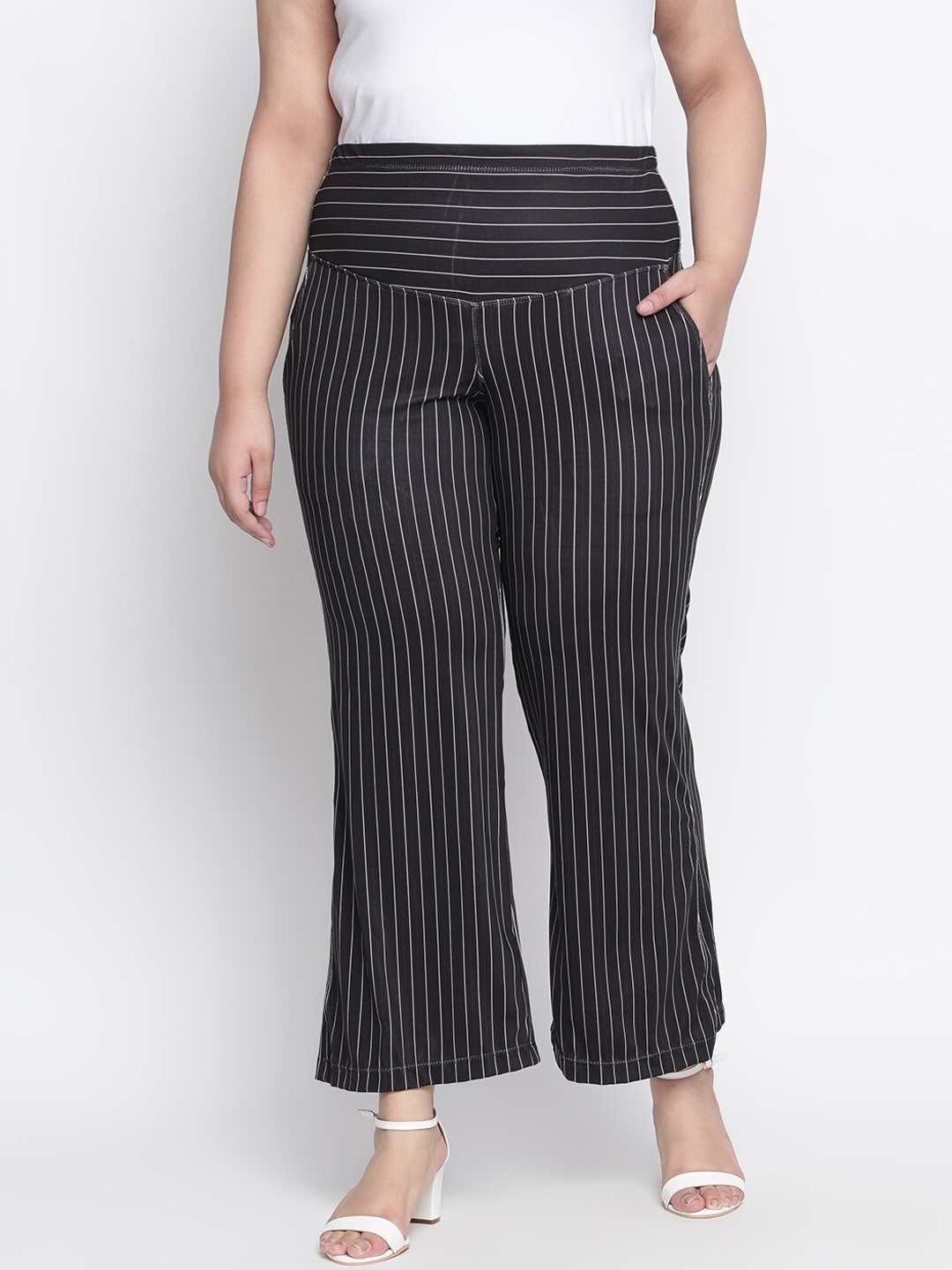 

Amydus Women Black Striped Flared Trousers