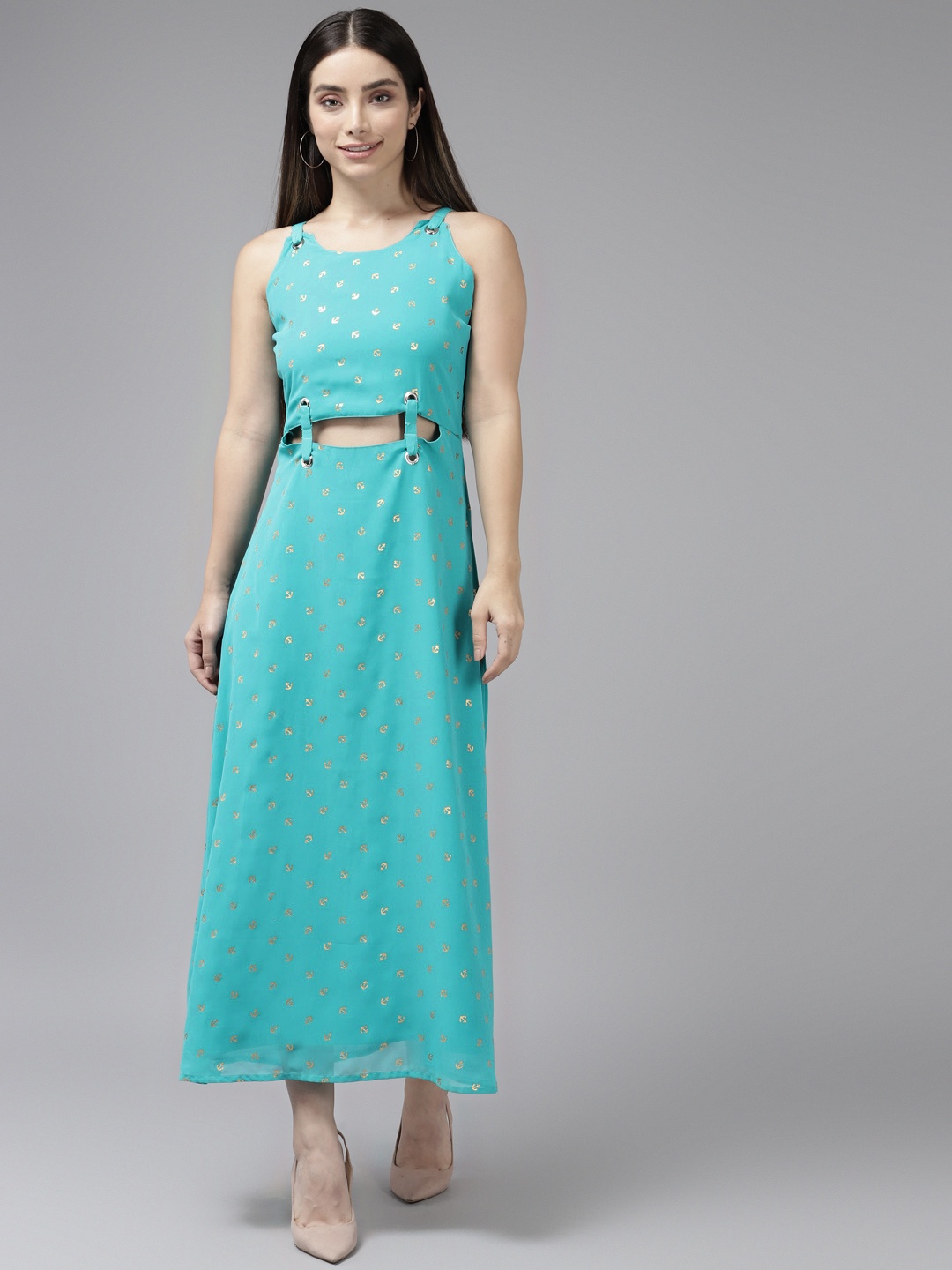 

Aarika Turquoise Blue & Golden Printed Georgette A-Line Midi Dress