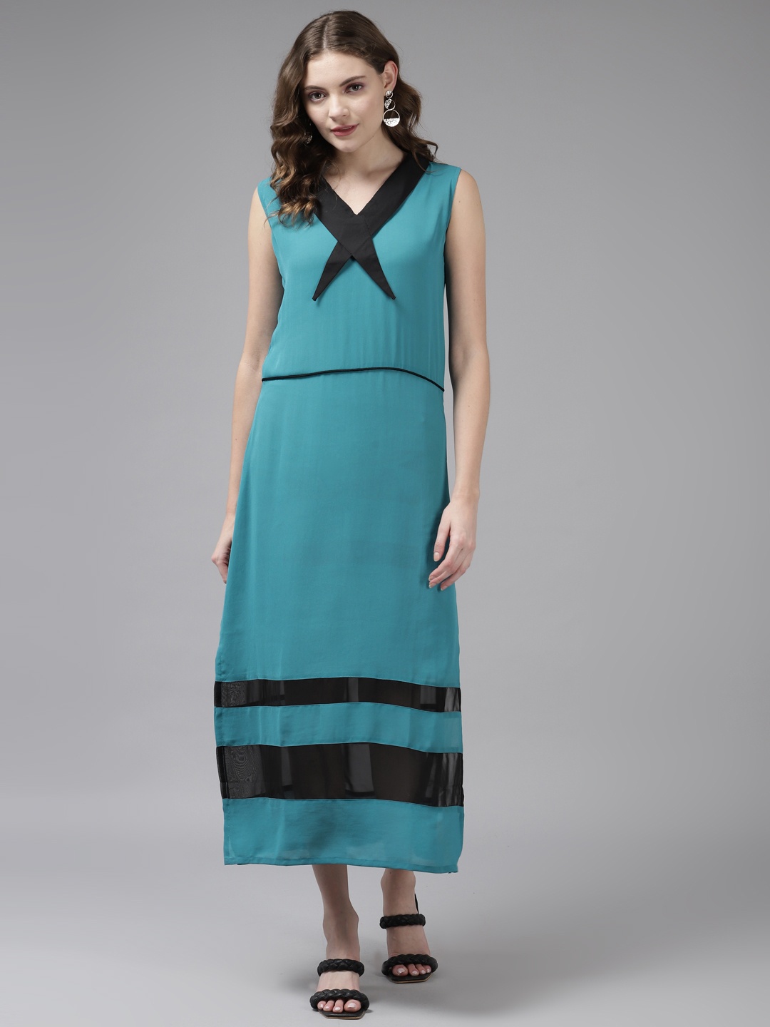 

Aarika Green & Black Striped Georgette A-Line Midi Dress