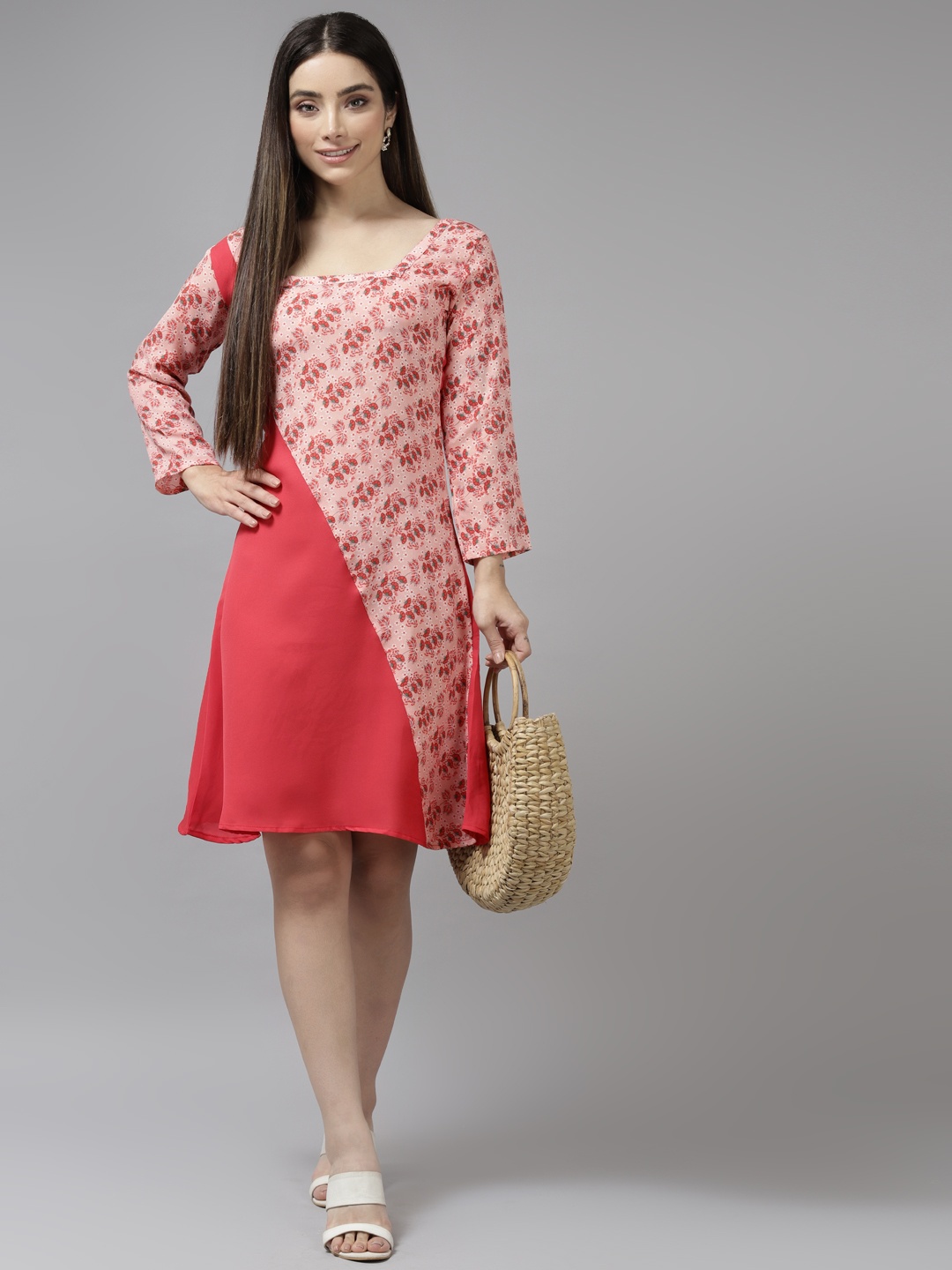 

Aarika Peach-Coloured & Pink Floral Print Georgette A-Line Dress