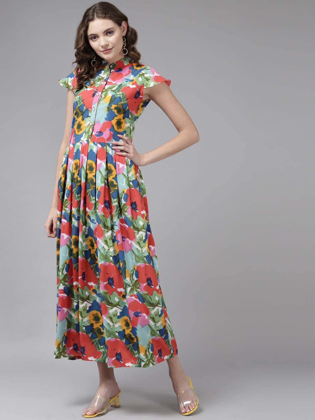 

Aarika Red & Blue Floral Print Georgette Midi Dress