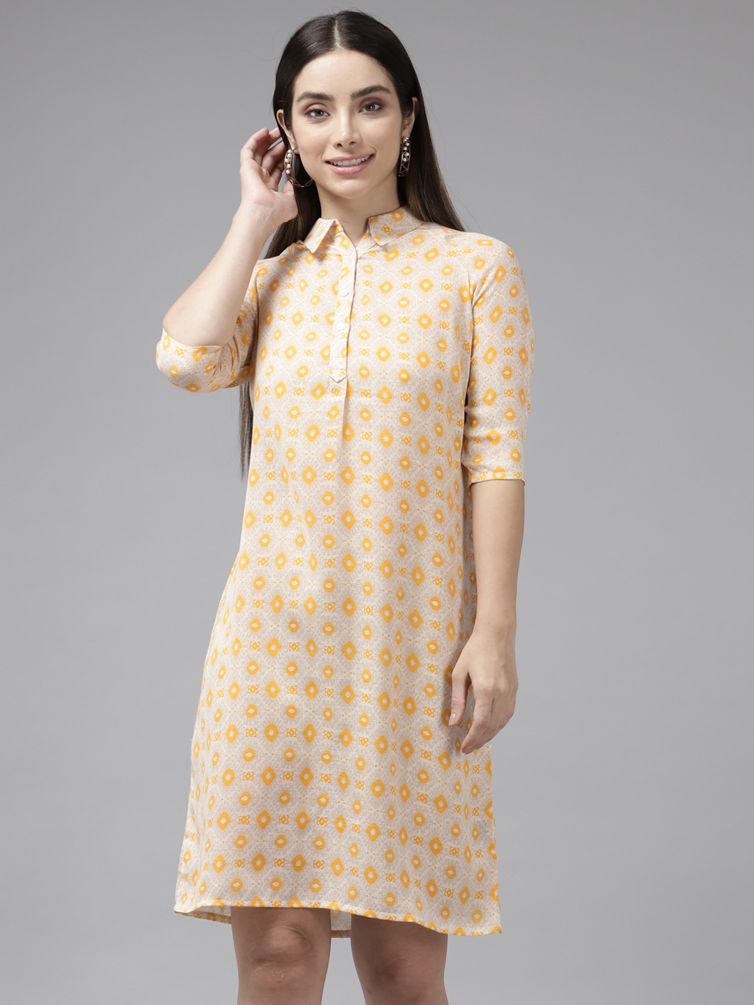

Aarika Beige & Yellow Printed Georgette Shirt Dress
