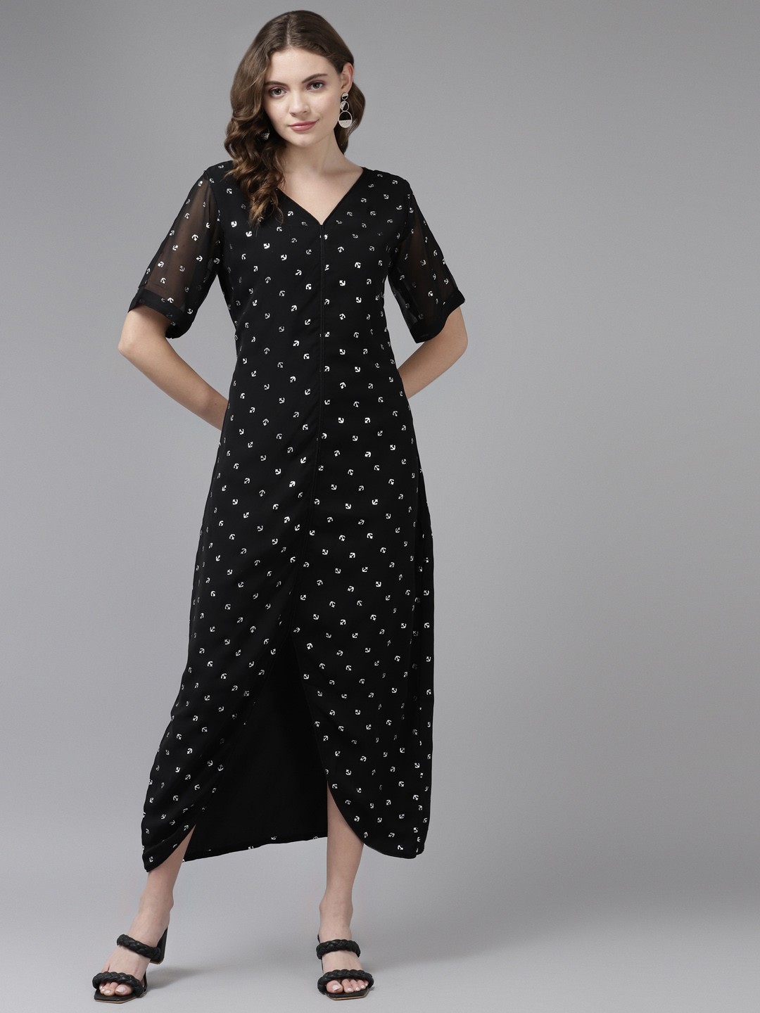 

Aarika Black & White Printed Georgette A-Line Midi Dress