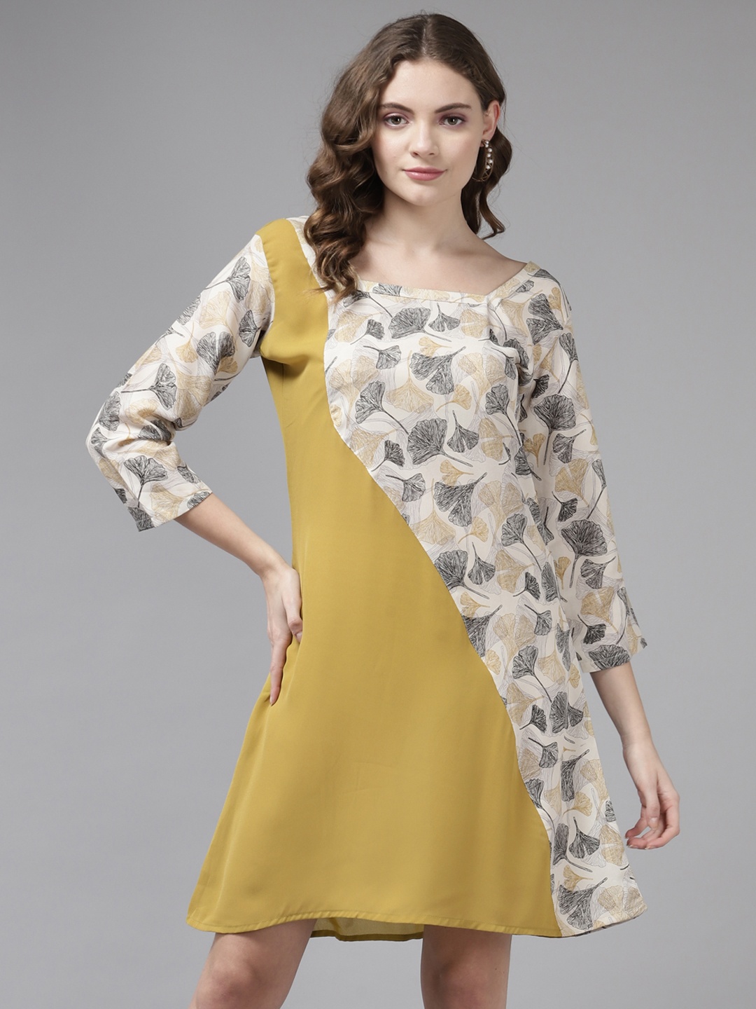 

Aarika Mustard yellow & Beige Floral Print Georgette A-Line Dress