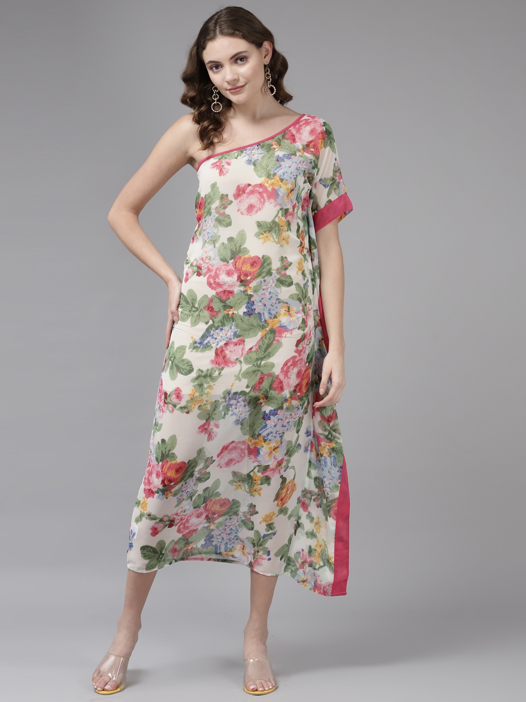 

Aarika Off White & Pink Floral One Shoulder Georgette Kaftan Midi Dress