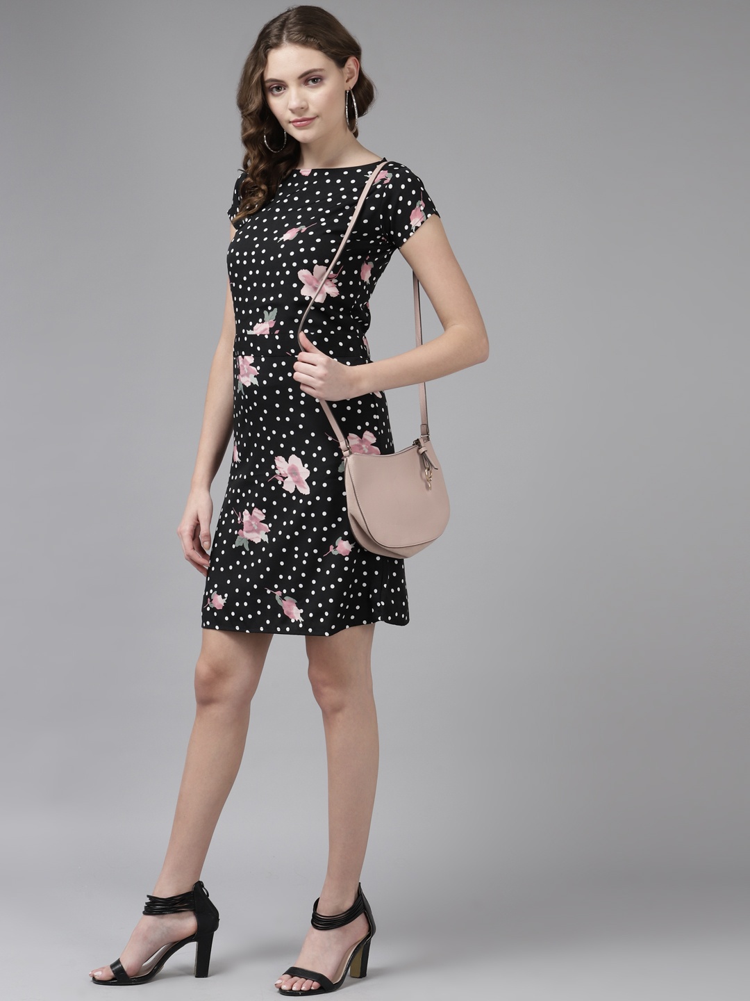 

Aarika Black & White Polka & Floral Print Georgette A-Line Dress