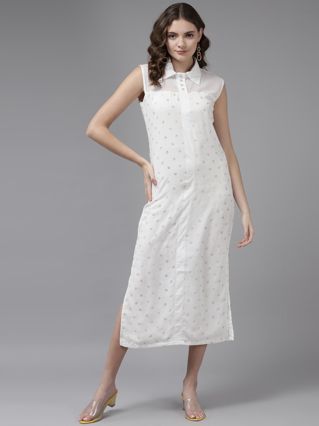 

Aarika White & Golden Printed Georgette Shirt Midi Dress