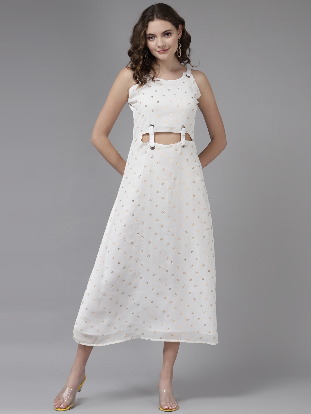 

Aarika White & Golden Printed Georgette A-Line Midi Dress