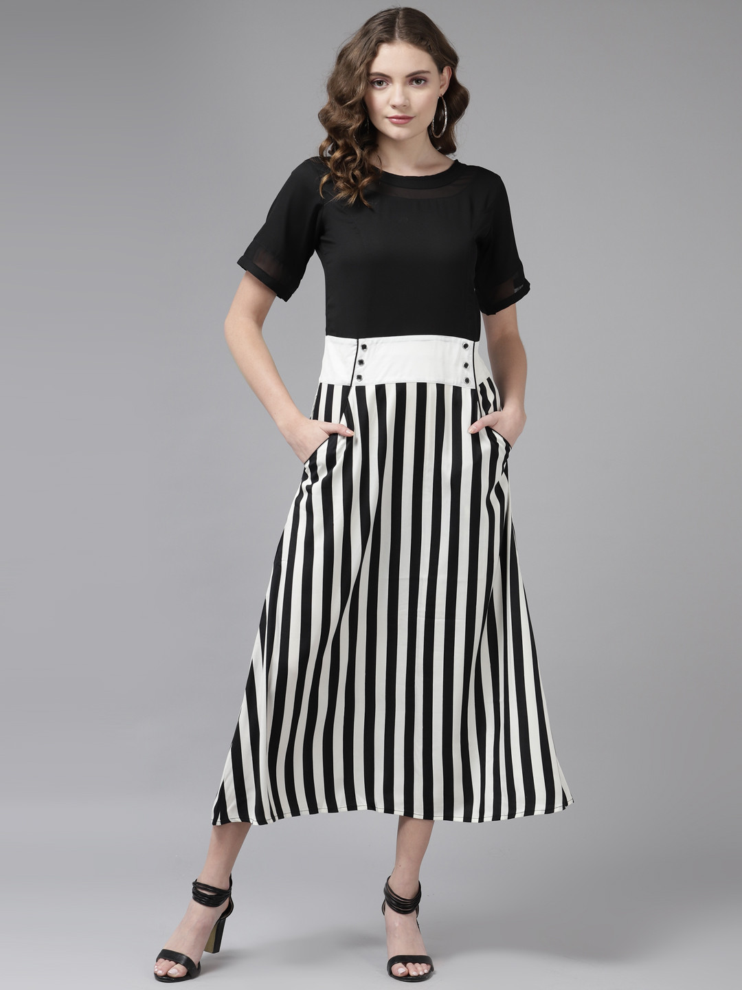 

Aarika Black & White Striped Georgette A-Line Midi Dress