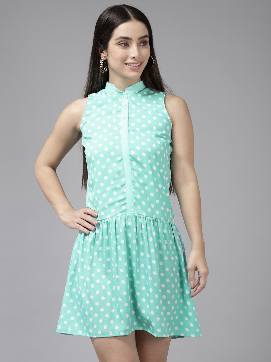 

Aarika Sea Green & White Polka Print Georgette A-Line Mini Dress