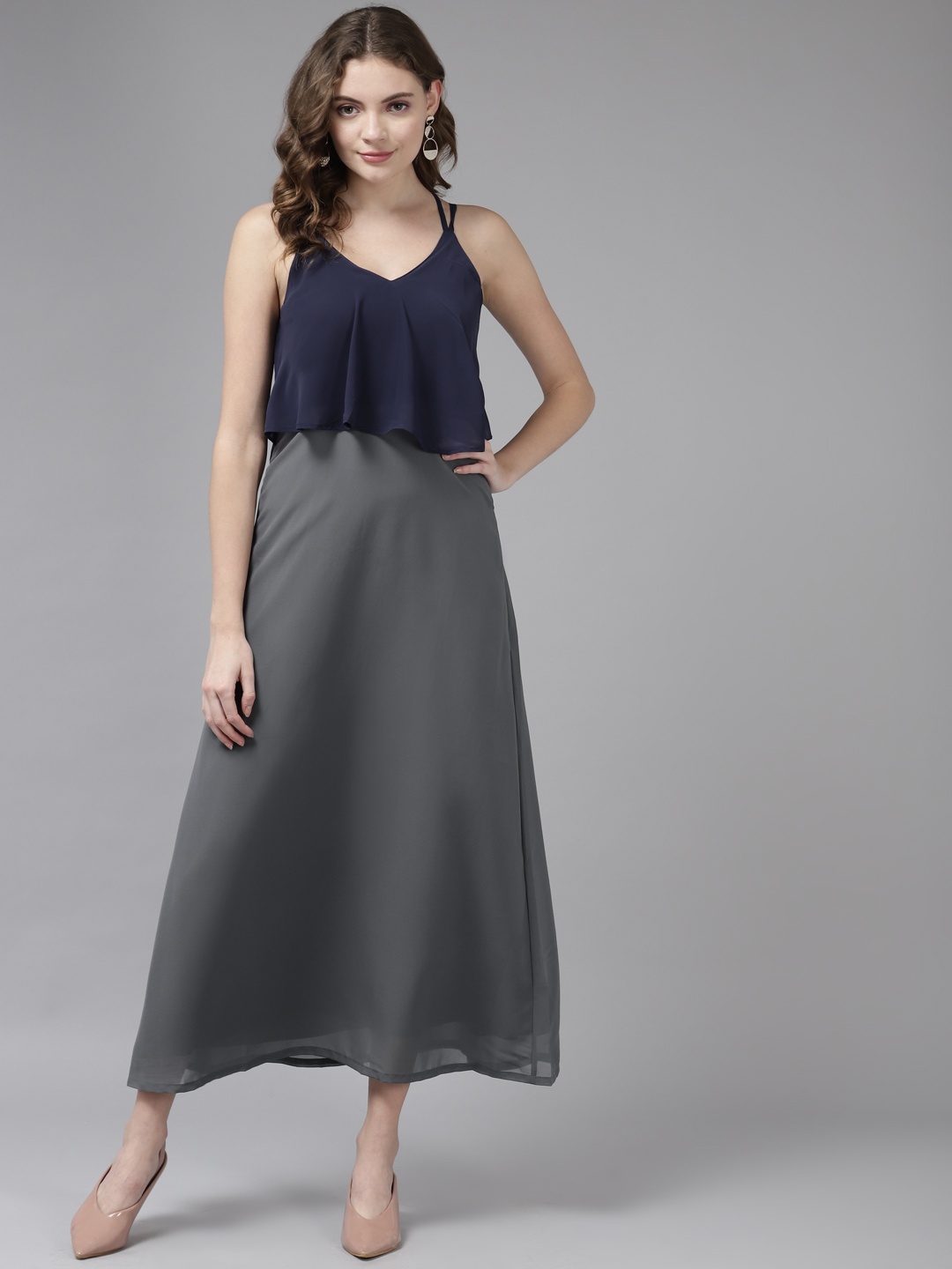 

Aarika Navy Blue & Grey Colourblocked Georgette Maxi Dress with Attached Cape