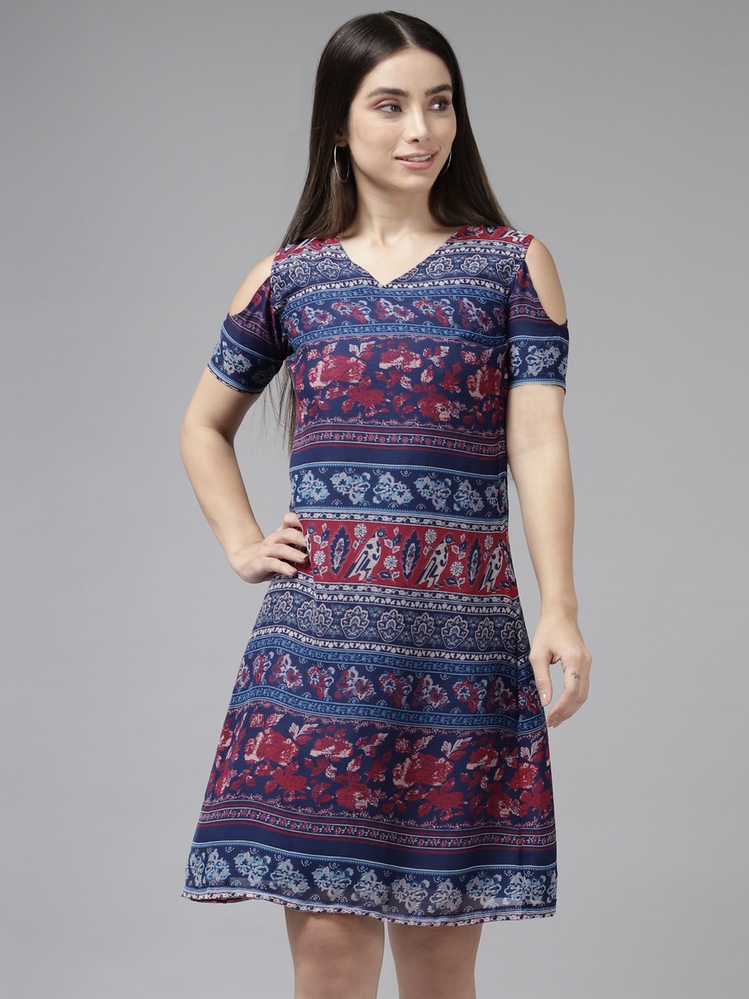 

Aarika Blue & Red Striped Georgette A-Line Dress, Navy blue