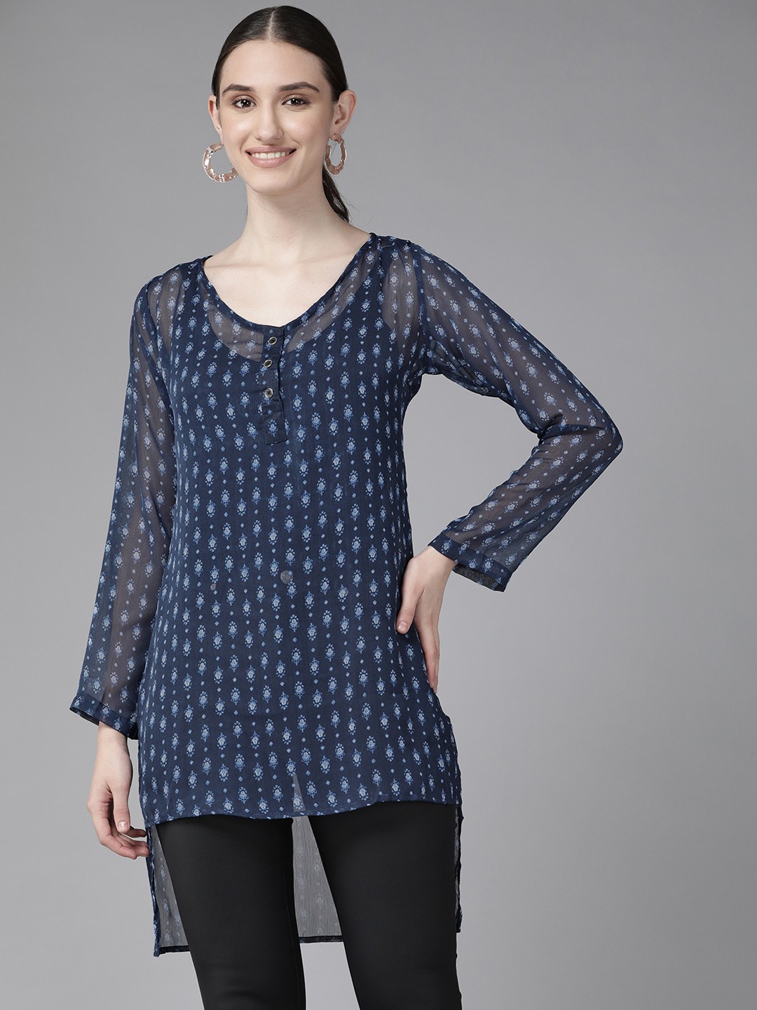 

Aarika Navy Blue & White Ethnic Motifs Printed V-Neck Georgette Kurti