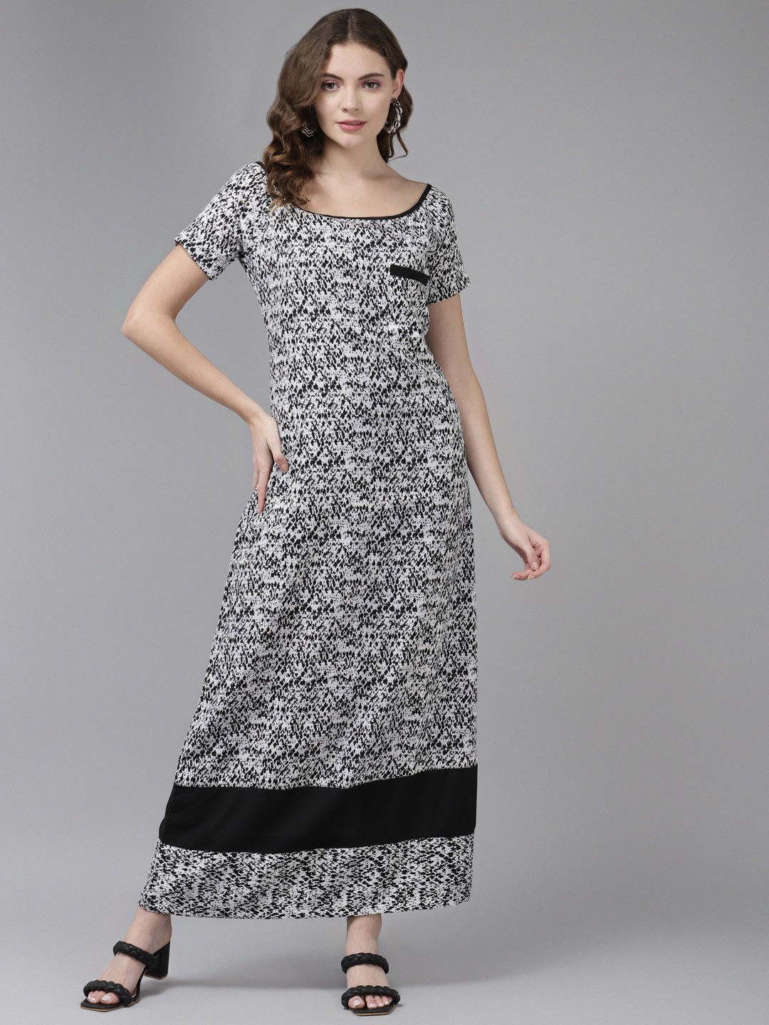 

Aarika Black & White Printed Georgette A-Line Maxi Dress